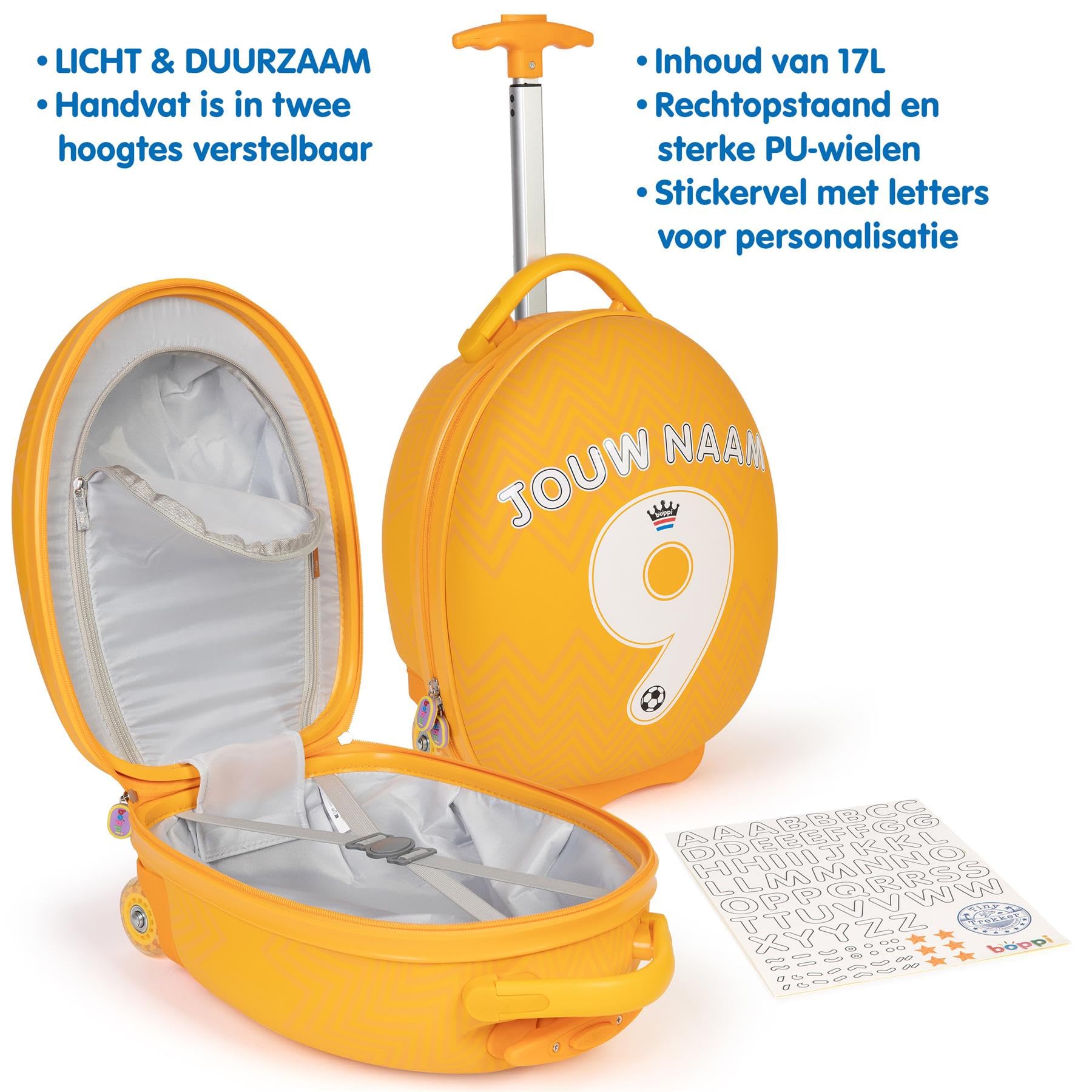 boppi Tiny Trekker torba bagażowa dla dzieci, wakacyjna walizka podróżna dla chłopców i dziewcząt, wózek szkolny do noszenia lub ciągnięcia, pokrowiec kabinowy, zgodna z EasyJet, 17 l, Holandia