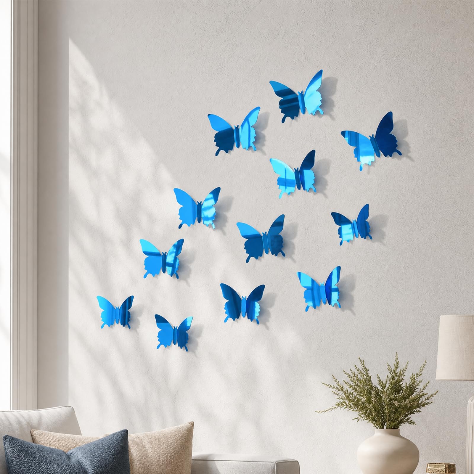 Quoravel 12Pcs Butterfly Wall Decals, DIY 3D Mirror Butterfly Stickers, Removable Wall Decals for Party Room Decor Blue