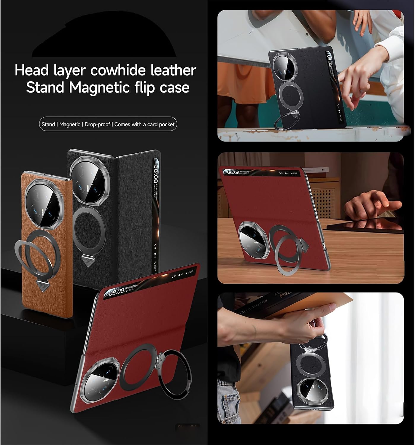 Compatible with Honor Magic V5 Case Smart Clear View Case[Compatible with Mag-Safe][with Adjustable Ring Stand] Slim Genuine Leather Wallet Flip Case Protective Shockproof for Women Men(Black)