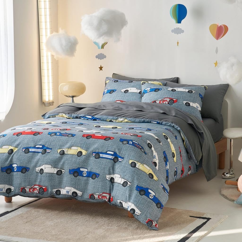 Wake In Cloud - Race Car Bedding Set for Boys, Cute Colorful Sports Car Supercar Wheels Comforter Set with Sheets, 5 Pieces Kids Bed in a Bag, Gray, Twin Size - Image 2