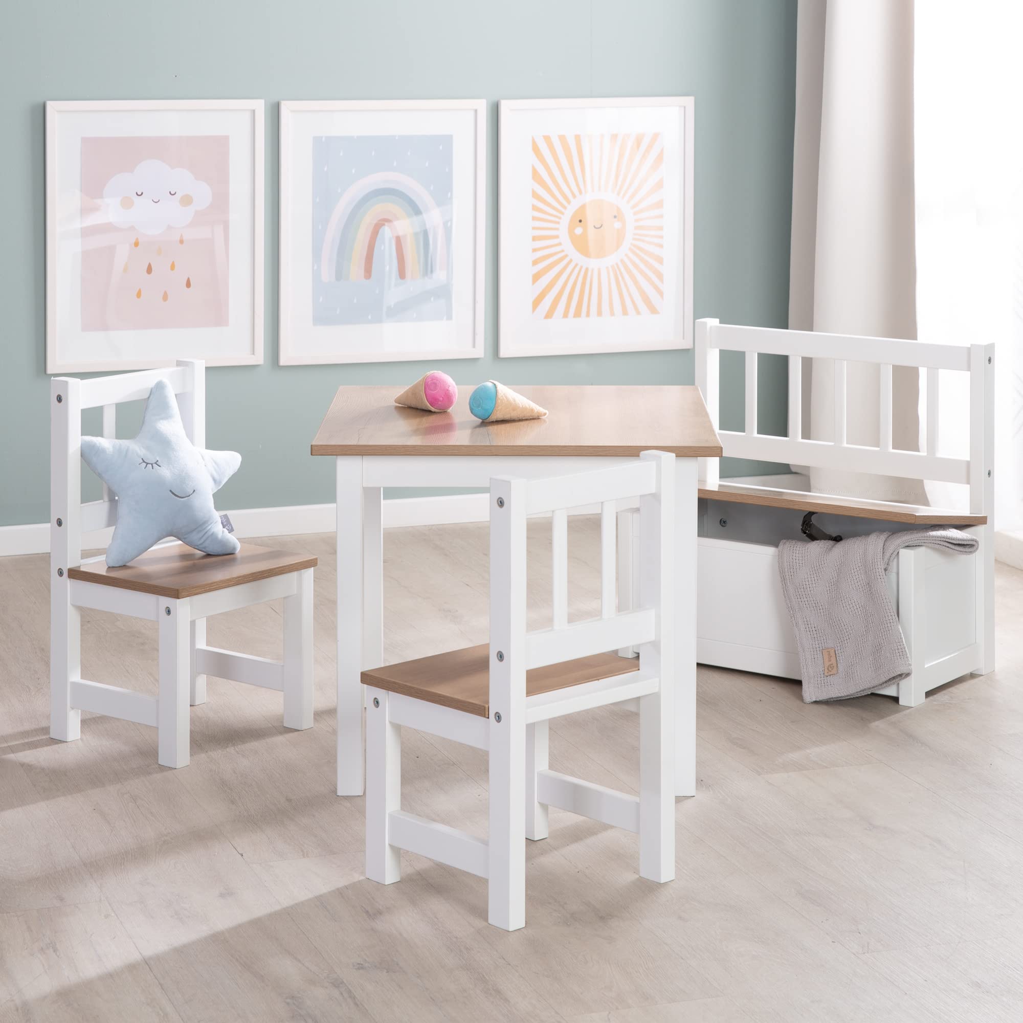 roba Ensemble Table et 2 Chaises Enfants Woody - Plateau et assises en Aspect Bois - Résistants aux Rayures - pour Filles et Garçons de 2 Ans et Plus - Blanc