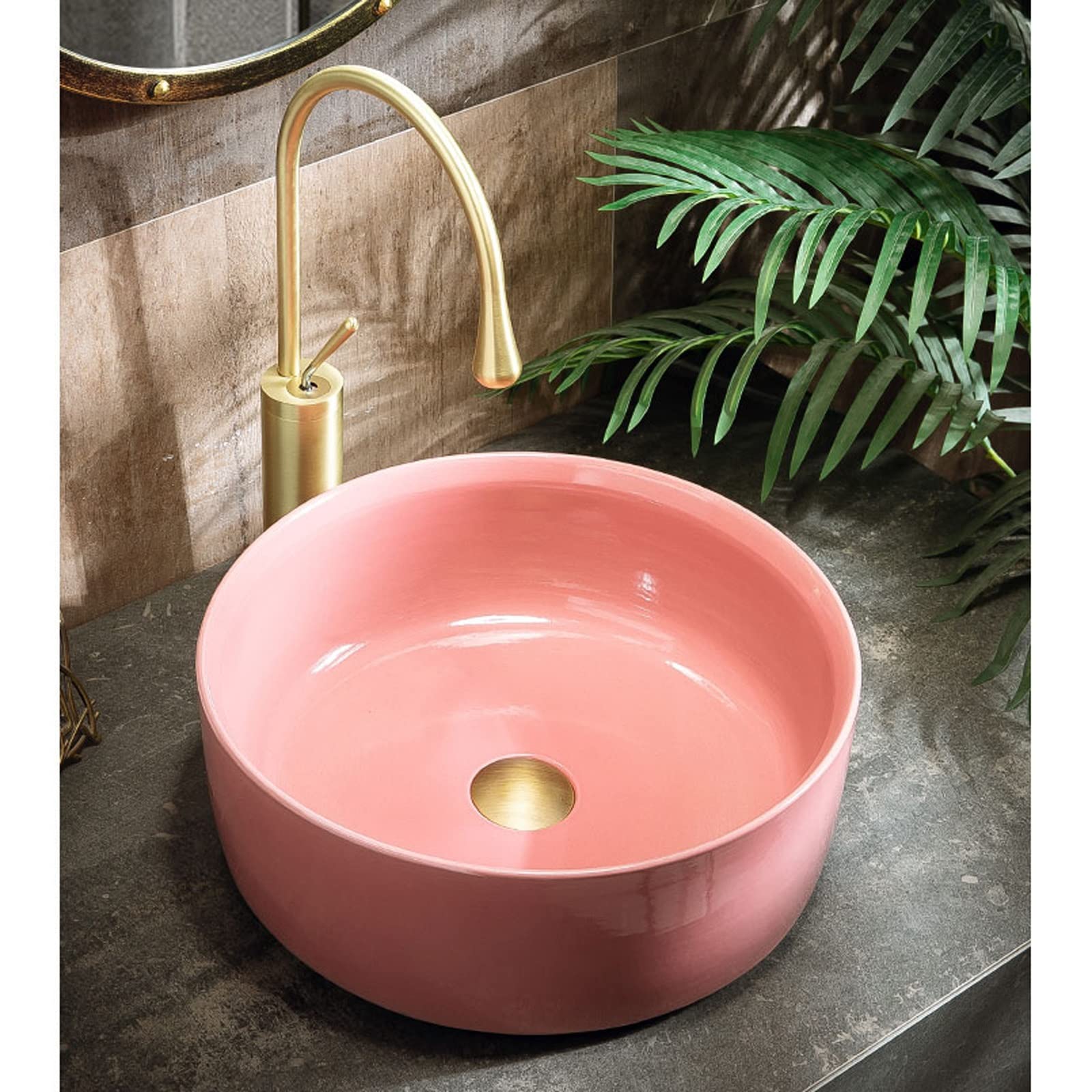 Umywalka Nablatowa Łazienkowa 15,7" Okrągła Ceramiczna Umywalka Nablatowa W Artystycznym Różowym Kolorze, Umywalka Nablatowa Z Odpływem Typu Pop-Up, Idealna Do Łazienki W