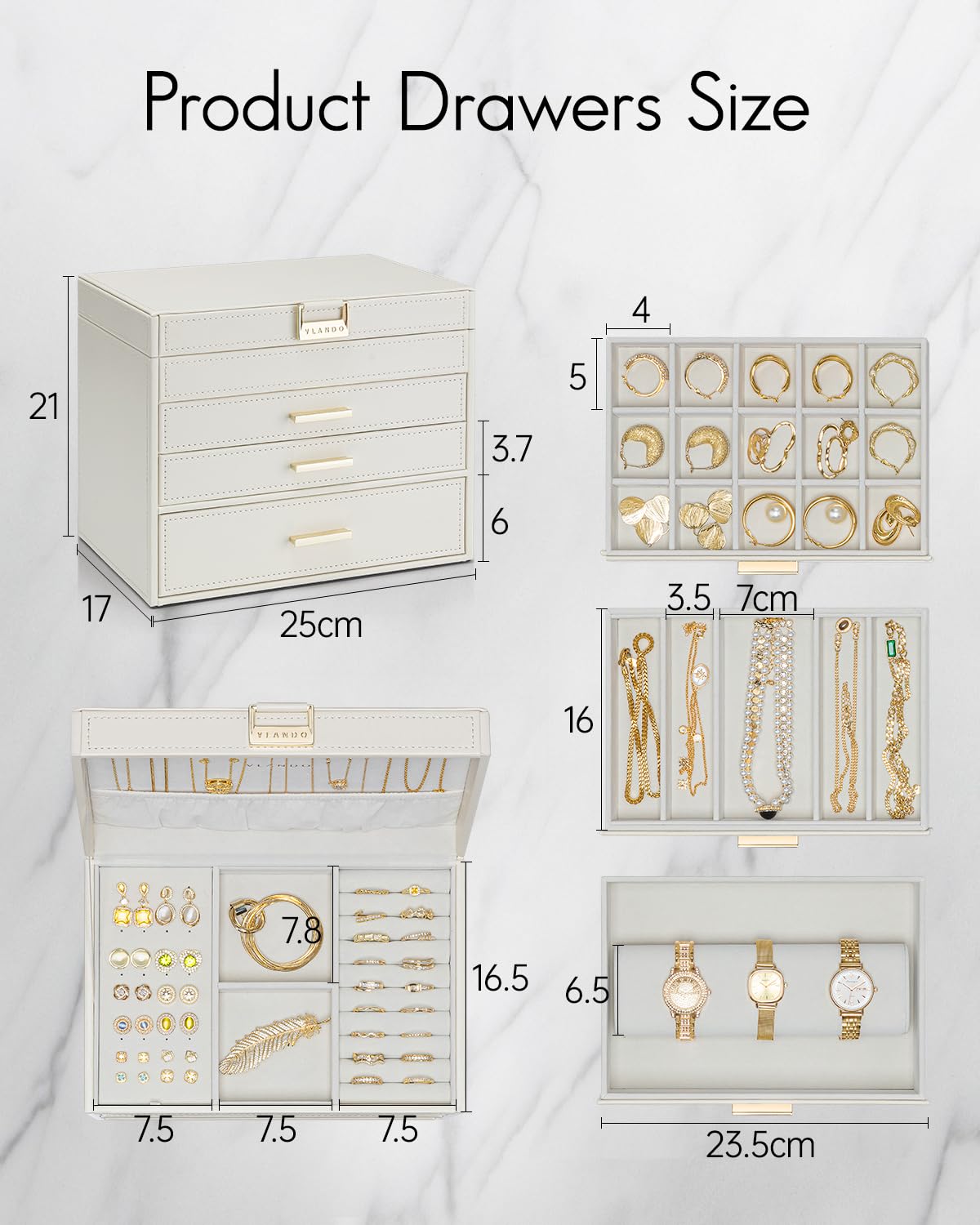VLANDO Modern Schmuckkästchen Groß,Schmuckaufbewahrung mit 4 Ebenen,Schmuckschatulle Damen, für Ohrringe, Ringe Schmuck Aufbewahrung, mit Schubladen, Spiegel, Uhrenkissen, Geschenk für frauen