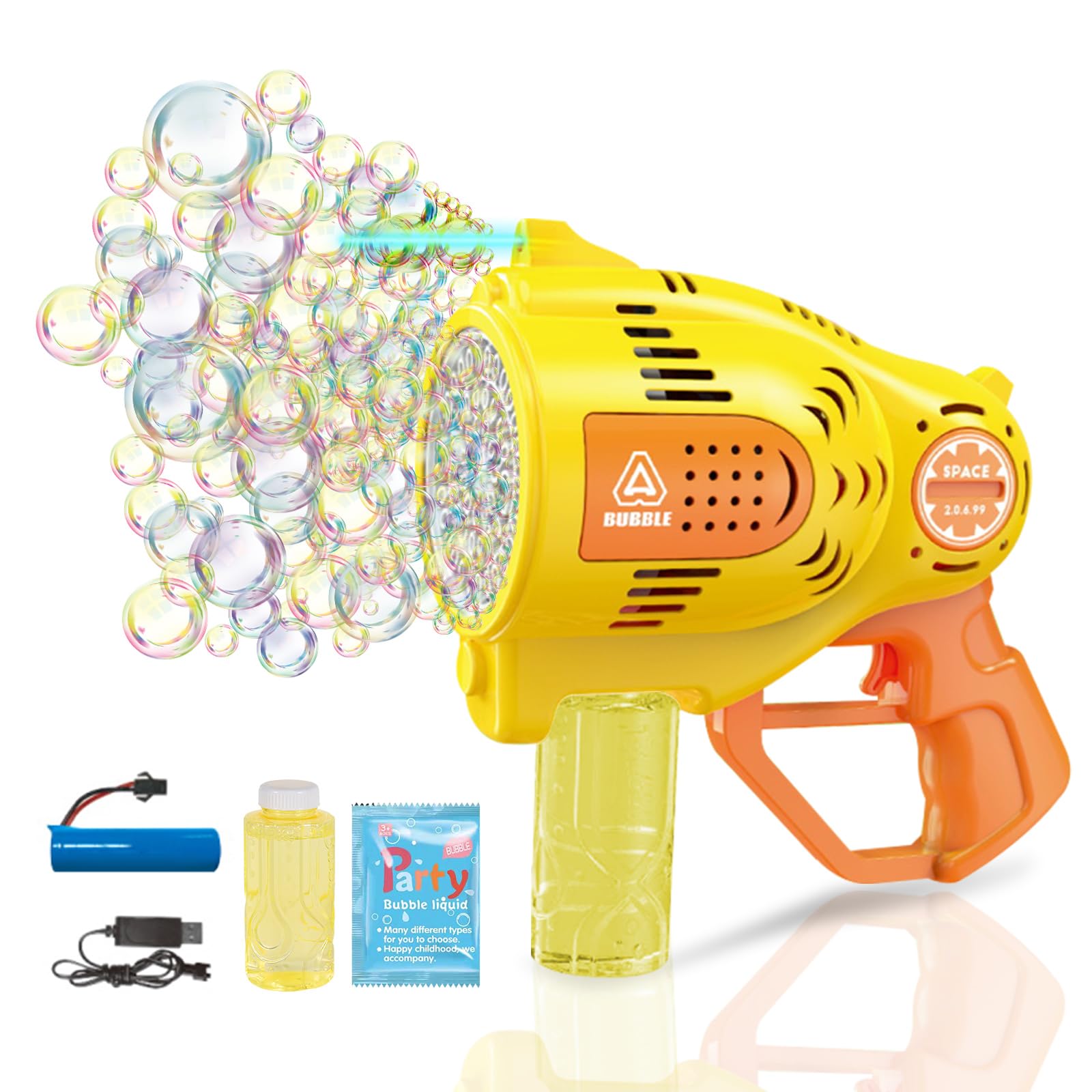 Seifenblasenpistole für Kinder, 57-Löcher Automatische Seifenblasenmaschine mit 2 Seifenblasen Nachfüll-Lösung,Seifenblasen Pistole für Hochzeit Party Sommer Outdoor-Aktivität Geburtstagsgeschenk,Gelb