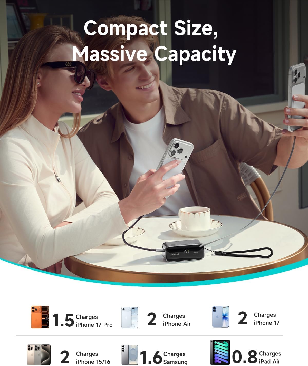 10,000mAh Portable Charger, 45W Max Compact Power Bank, Travel Essential Phone Battery Pack with 2.3 ft Built-in USB-C Retractable Cable for iPhone 17/16 Series, iPad, Galaxy, Pixel, and More