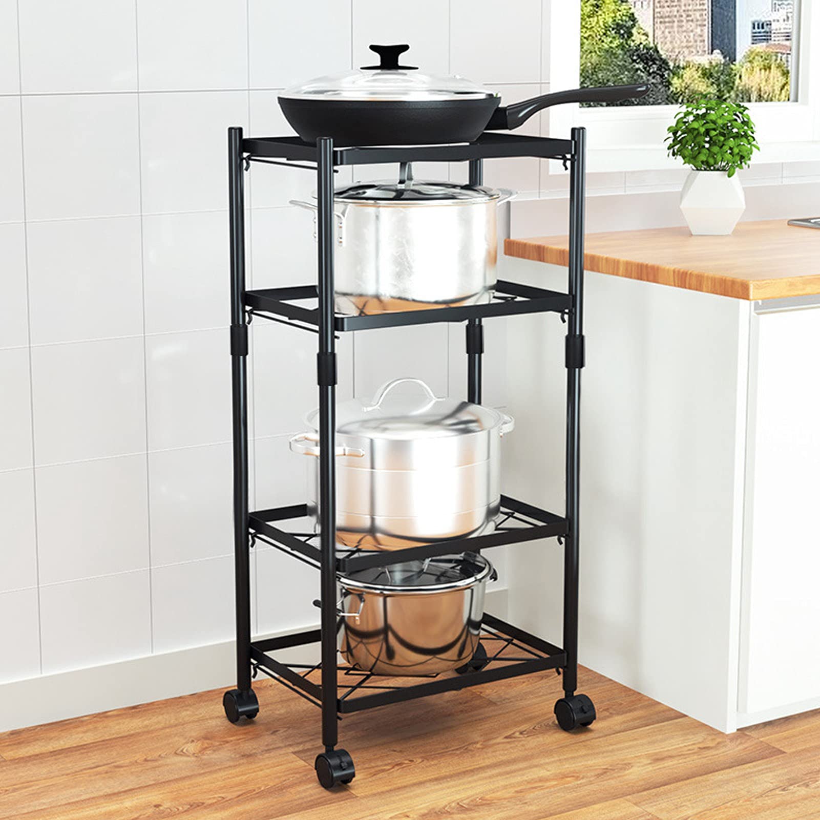 Scaffale multi-strato libero per pentole, scaffale organizzatore per padelle e teglie robusto da , supporto nero in ferro per la conservazione di pentole e accessori da (Portavasi quadrato nero a tre