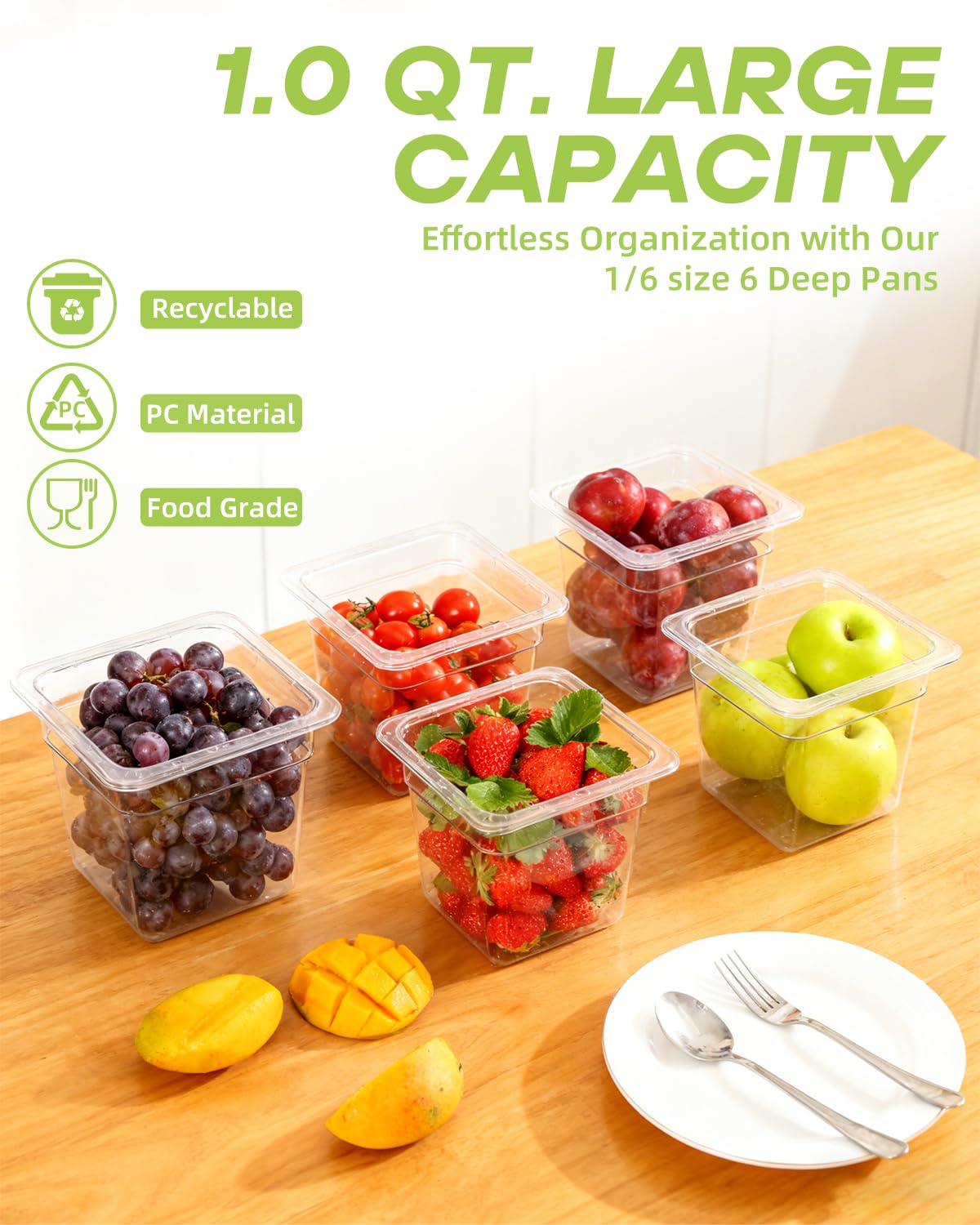 Lot de 6 poêles alimentaires avec couvercles, taille 1/6, incassables, empilables en plastique pour hôtel, fête, restauration, cuisine, préparation des repas, de -40 °C à 100 °C (2,22 L