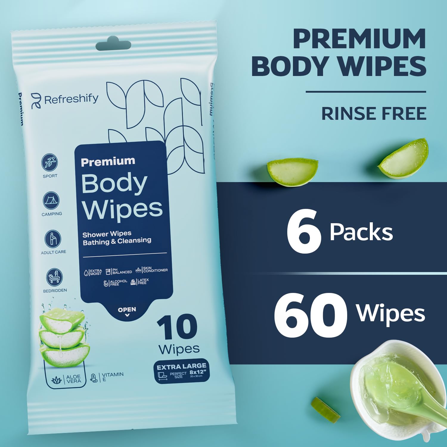 60 XL Shower Wipes – Body Wipes for Adults Bathing No Rinse – 6 Packs of 10 – Extra Moist Bath with Aloe & Vitamin E for Camping, Travel, Gym & Bedridden Care - Image 7