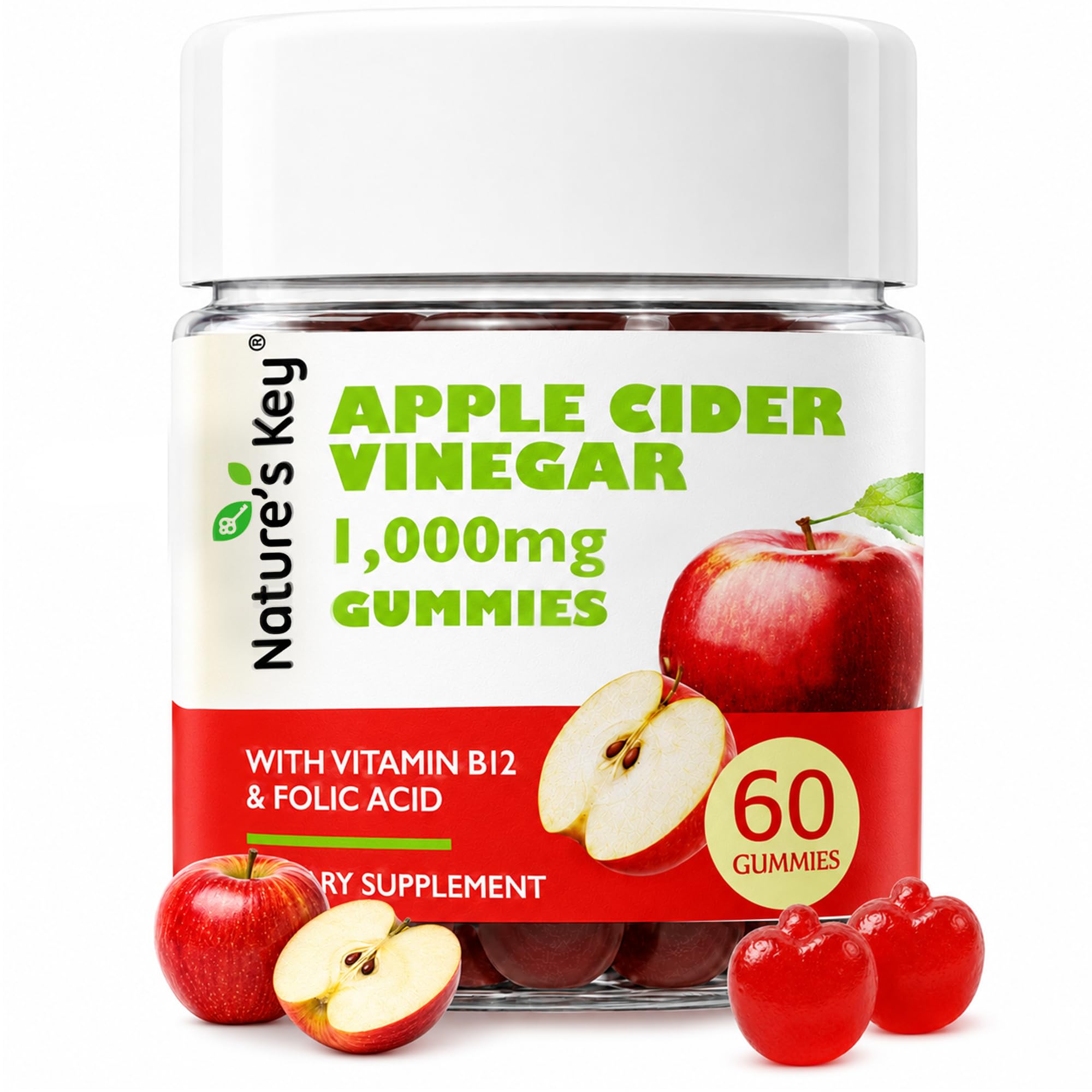 Nature's Key Suplemento para controle de peso em gomas com vinagre de maçã, vitamina B12, ácido fólico, vitamina B6, beterraba e romã 1.000 mg, 60 gomas