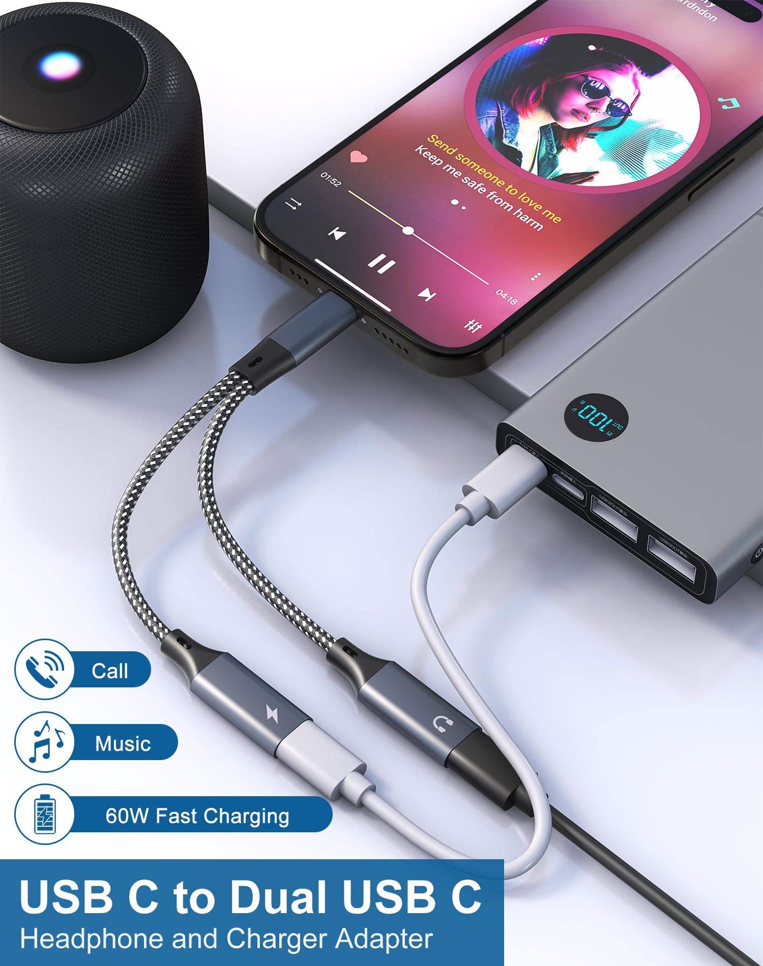 USB C Splitter, Dual USB C Headphone and Charger Adapter - 2 in 1 Type C Audio Dongle and 60W Fast Charging Support Call, for iPhone 15 16 Samsung Galaxy, Google Pixel, Android Series, iPad, Laptop