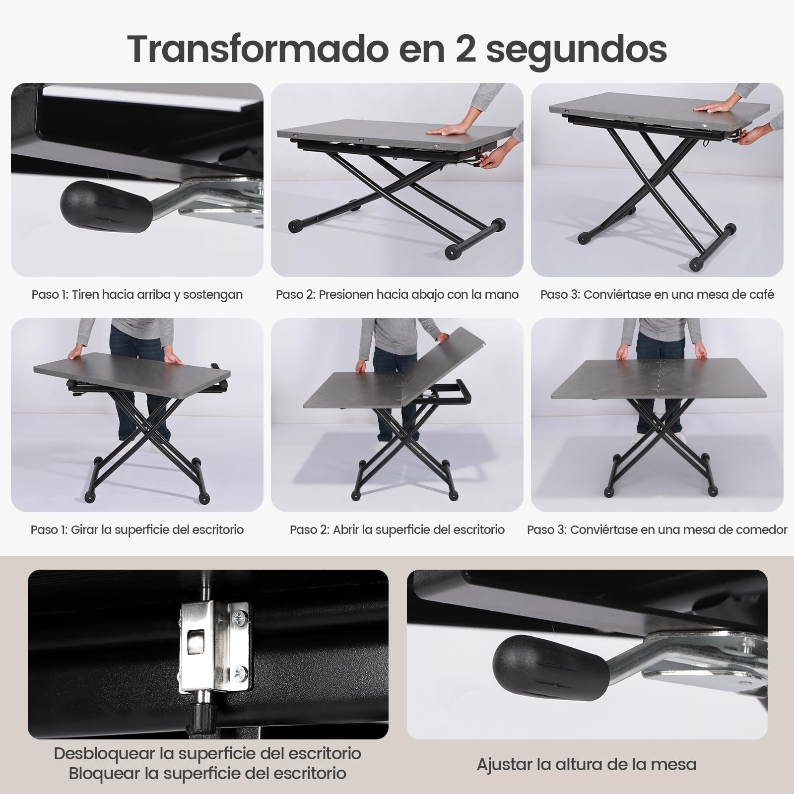 Mesa Elevable y Extensible,Mesa de Centro Funcional para Comedor de Espacio Pequeño, Sala de Estar, Cocina, Sala de Estudio, Gris