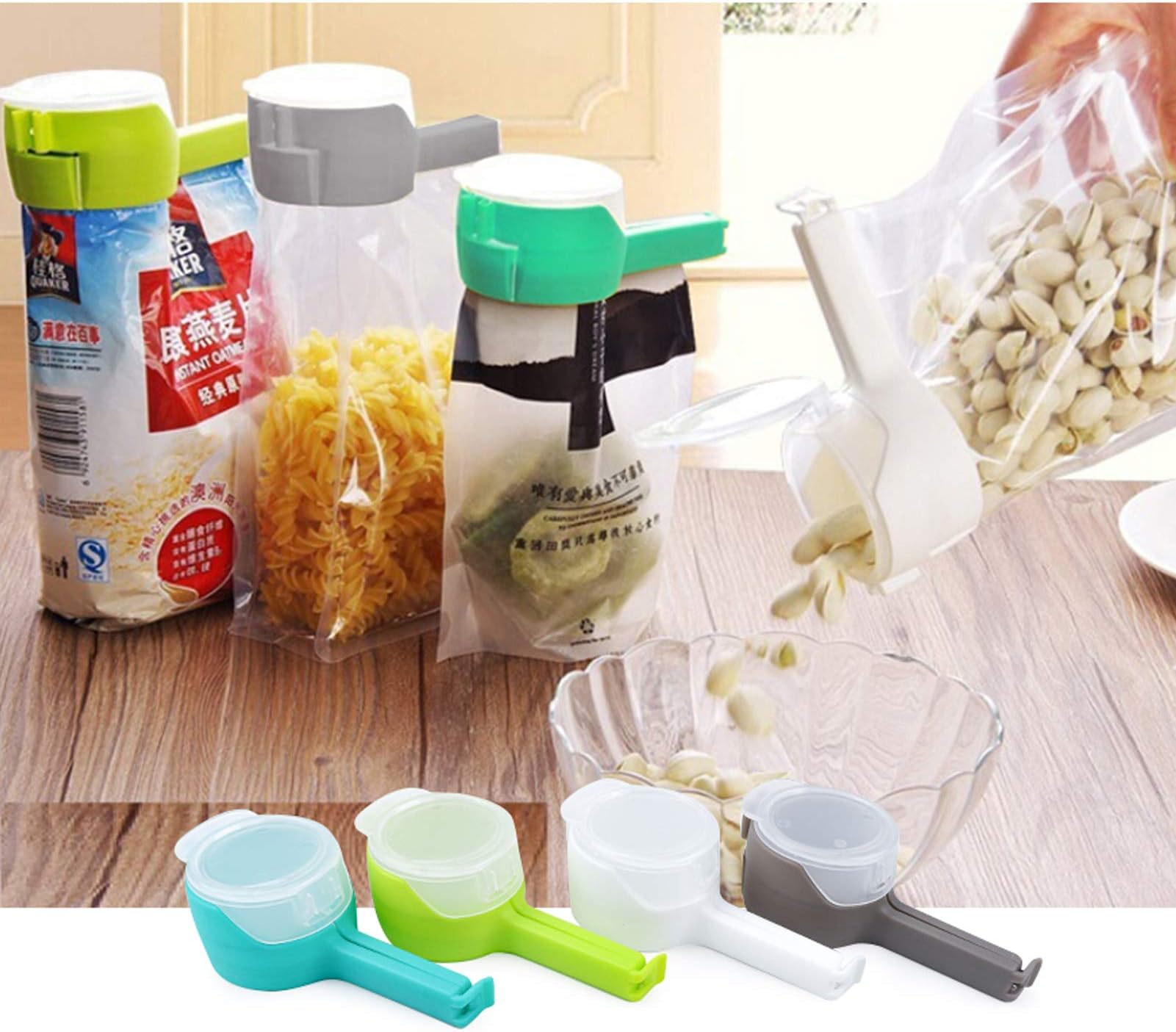 4pcs Food Bag Clips with Pour Spouts, Great Clips Bags for Kitchen, Suitable for Small Particle Food, Liquid,Flour and Baby Food Storage Organizer