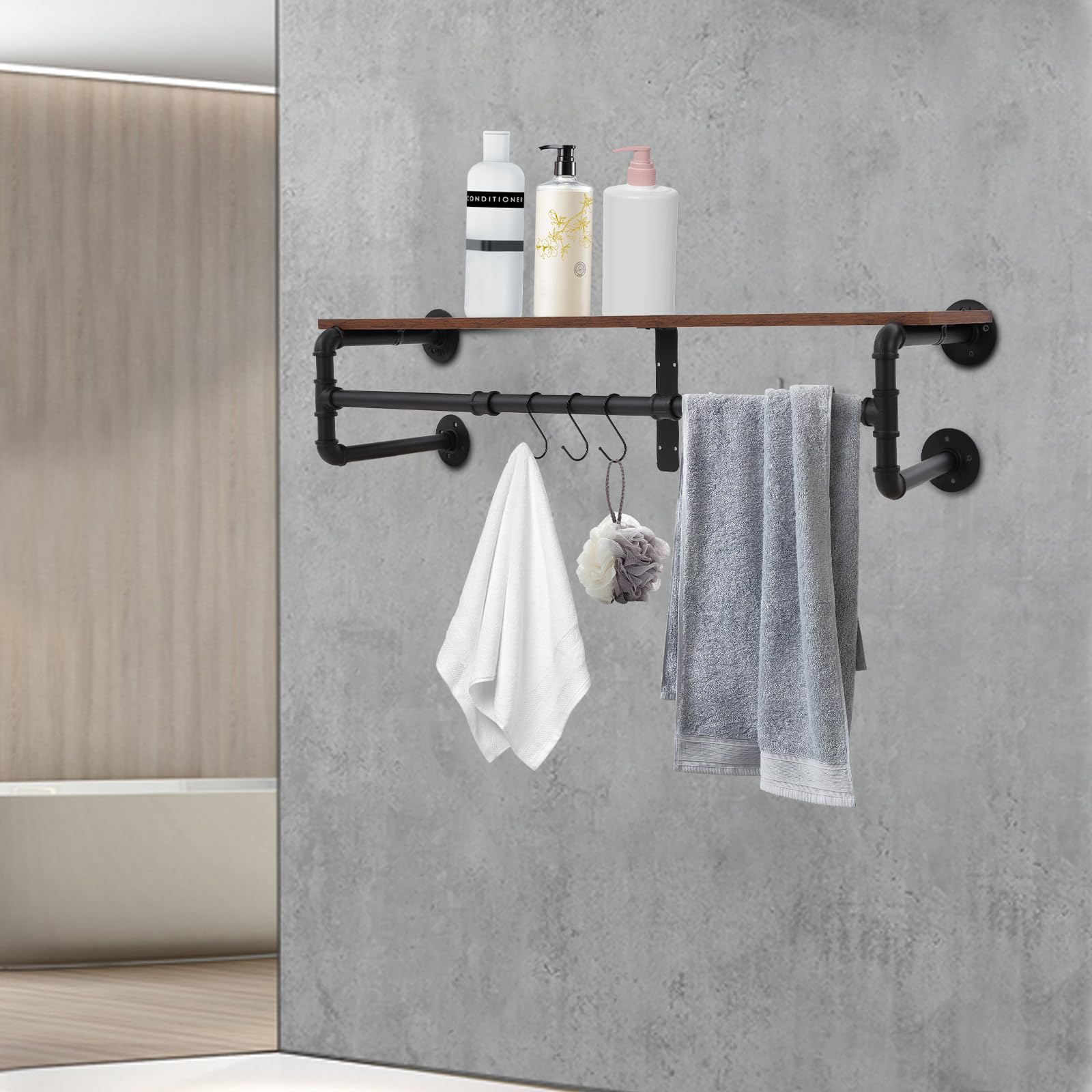 Wandgarderobe mit Ablage, Industrielle Kleiderstange zur Wandmontage, Wandregal mit 3 verstellbaren Haken, Wandmontiertes Hängeregal für Wohnzimmer, Schlafzimmern, Eingang, 100x22x25 cm (Schwarz)