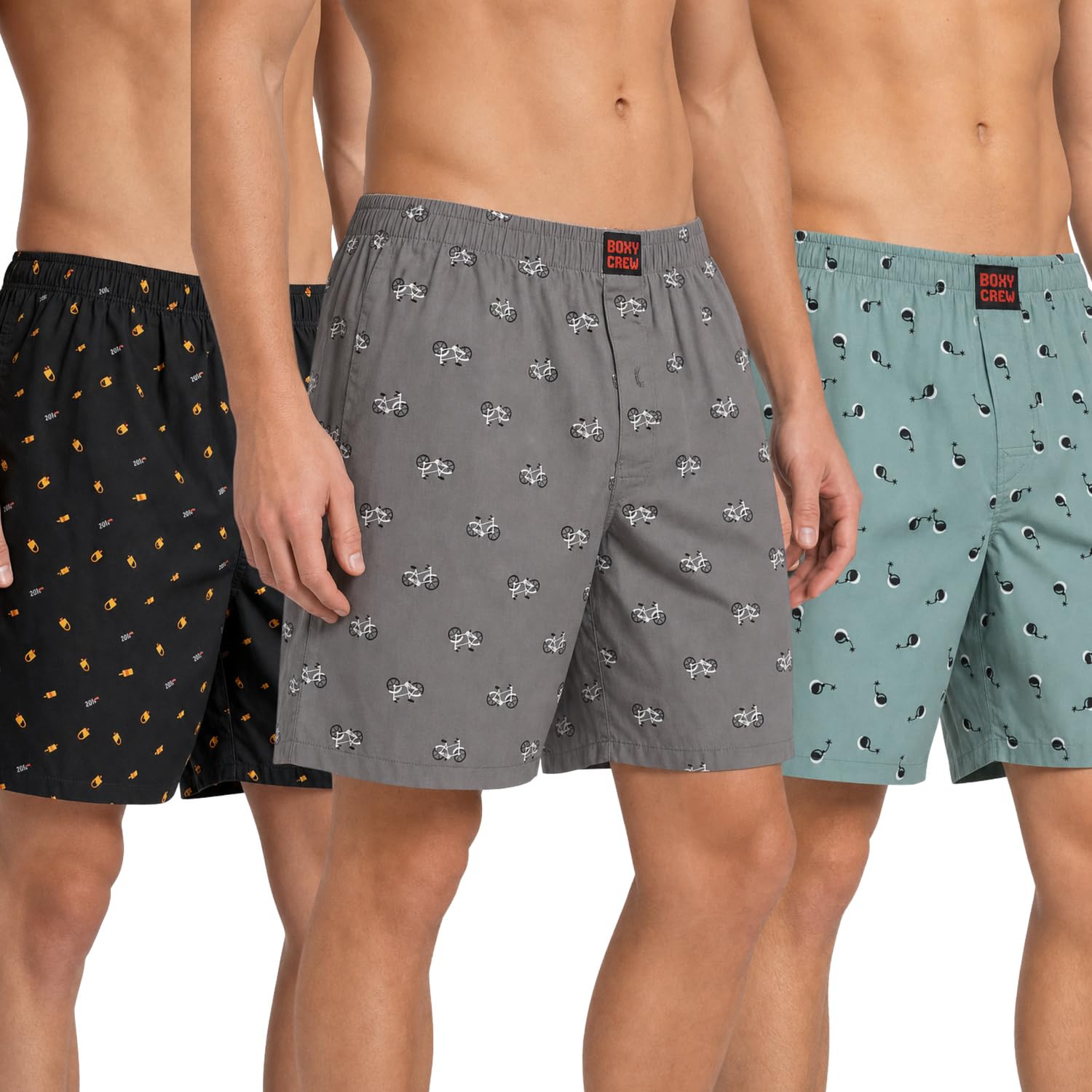 Men's 100% Cotton Printed Boxer Shorts Pack of 3 with Dual Side Pockets and Fabric-Covered Waistband - Black/Grey/Green, Styles MBX016, MBX022, MBX023-picture-13