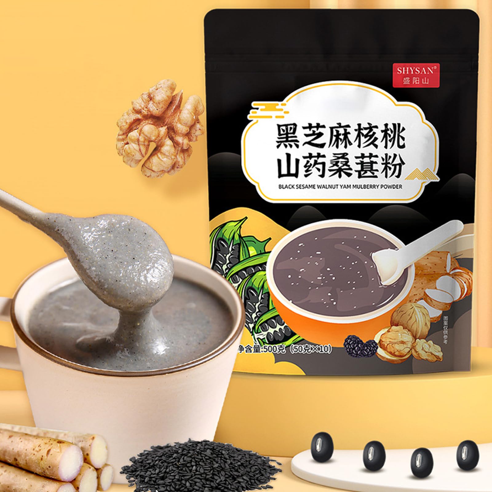 Black Sesame Walnut Mulberry Powder Soup, Chinese Yam Instant Porridge,Black Sesame and Walnut Mixed Powder Congee, Portable Drink for Breakfast Dinner （500g/1.10lbs）