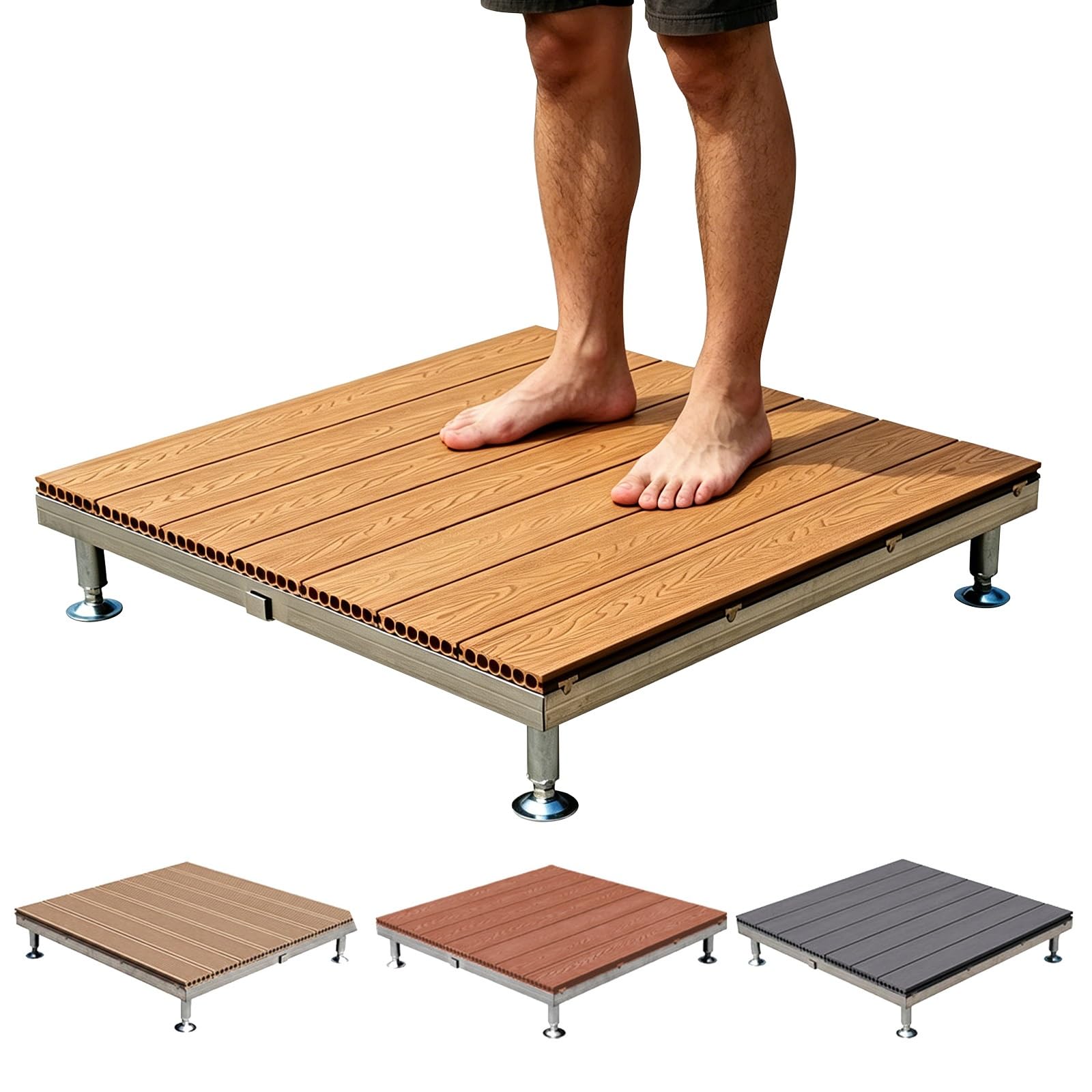84x84cm Piattaforma Rialzata Modulare Pavimento WPC Per Esterno Antiscivolo | Pedana Rialzata WPC Con Piedini Regolabili, Piastrelle Per Terrazze Impermeabile, Incastrato Decking(Teak)