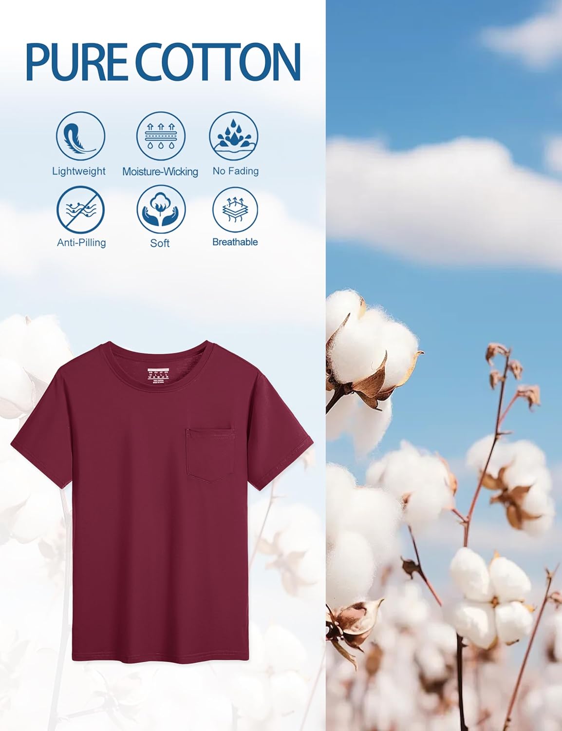 Cotrasen Mens T-Shirts Cotton Short Sleeve Tee Shirt Casual Crew Neck Moisture Wicking Soft Basic Pocket Tshirt Wine Red L - Image 5