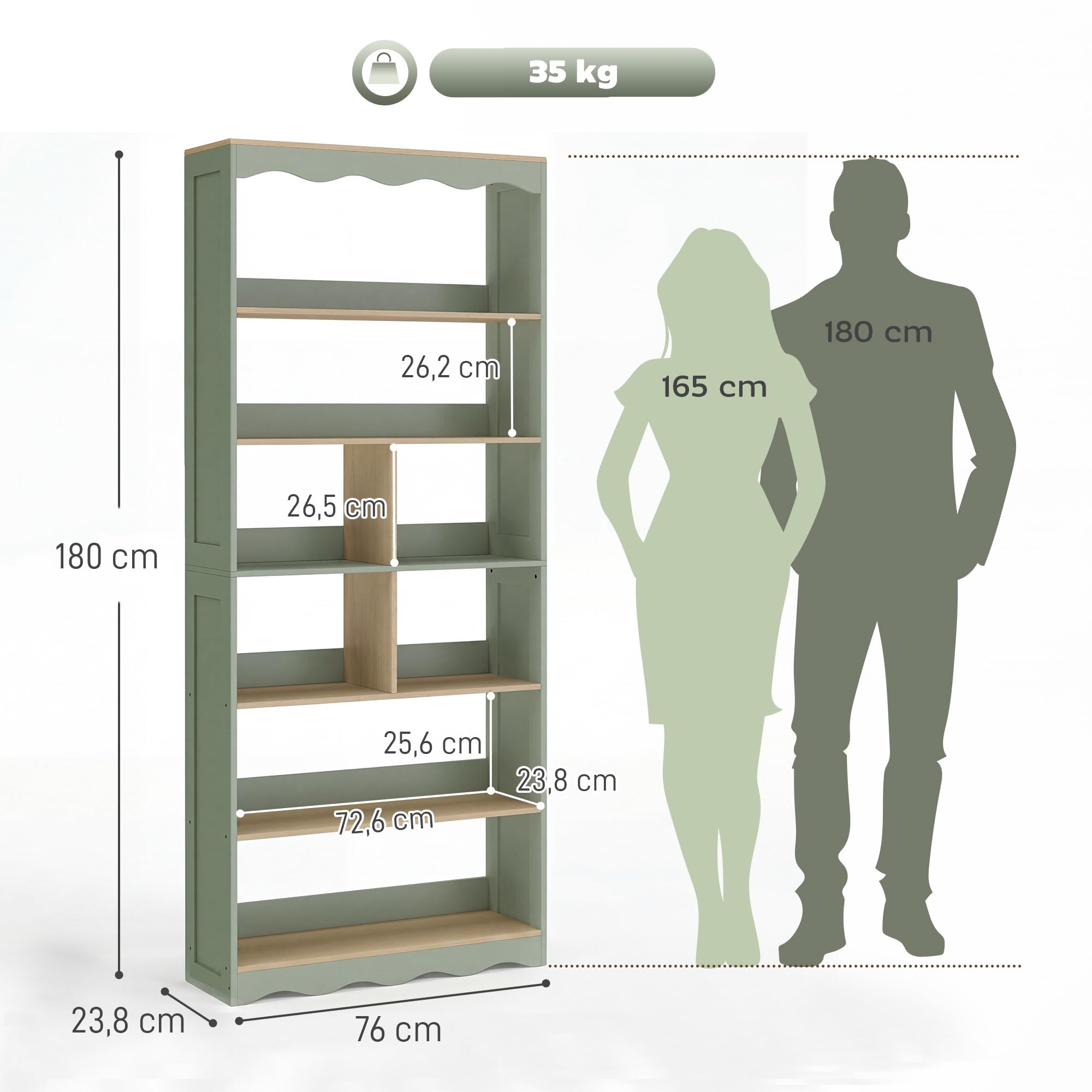 HOMCOM Bibliothèque, étagère de Rangement à 6 Niveaux avec 6 Compartiments Ouverts, Meuble de Rangement pour Salon, Bureau, Chambre, 76 x 23,8 x 180 cm, Bois Naturel et Vert