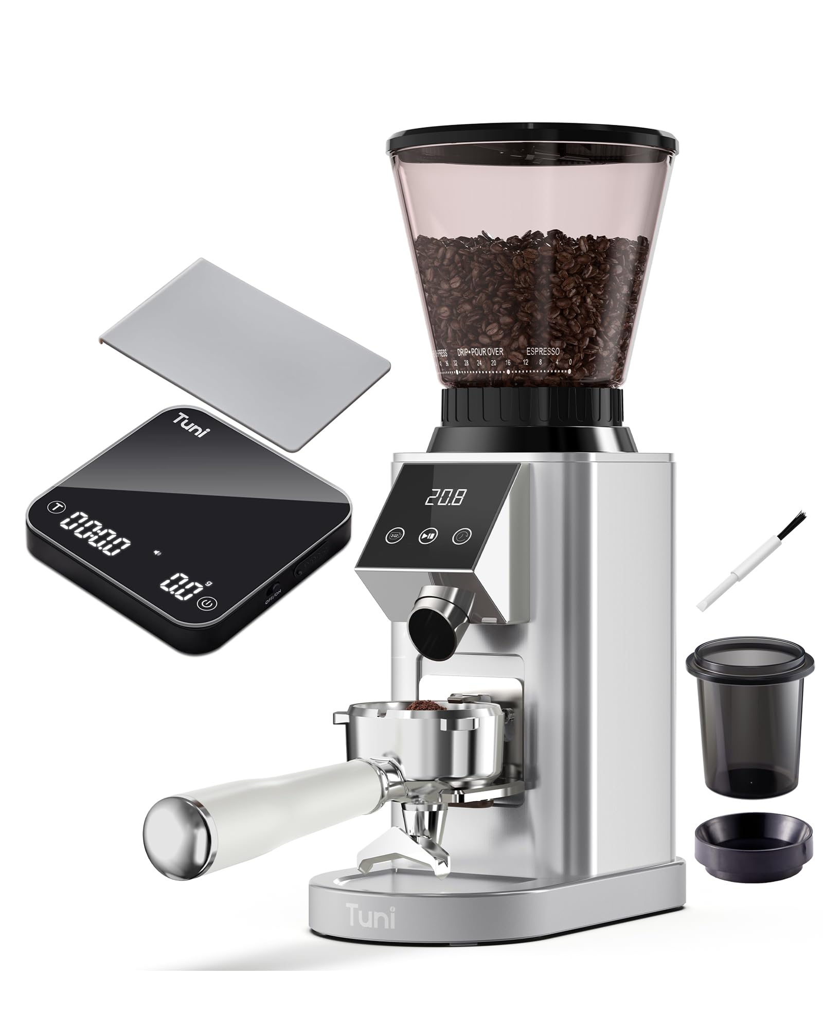 Tuni G1 Silver Conical Burr Coffee Grinder with Black Digital Coffee Scale | 48 Grind Settings, LED Touchscreen, Patented Anti-Static 40mm Conical Burr, 450 RPM, 500mAh Lithium Battery, 0.1g Accuracy