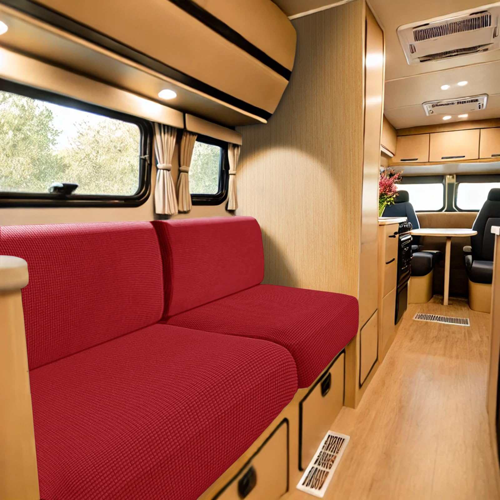 SYLC Caravan Seat Cover Stretch Jacquard, Non-slip RV Dinette Cushion Covers with 2 Straps, Couch Cushion Covers for Camper Sofa Bench (Red,W 145-185 cm, D 45-65 cm)