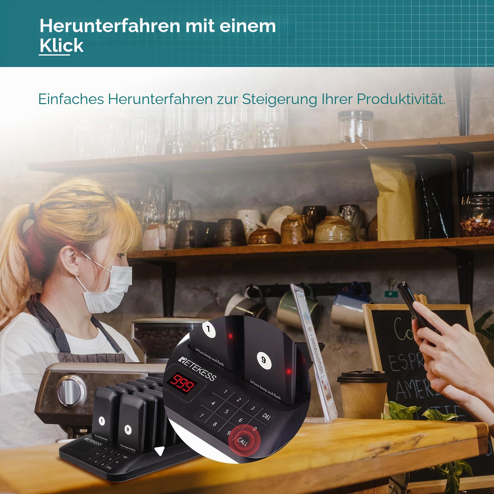 Retekess TD157 Pager System, 16 Pagers, Pager Rufsystem Gastro, Draußen 500M, 300mAh Akku, mit Vibration, 998 Kanäle, Aufrufsystem für Restaurants, Bar, Imbisswagen