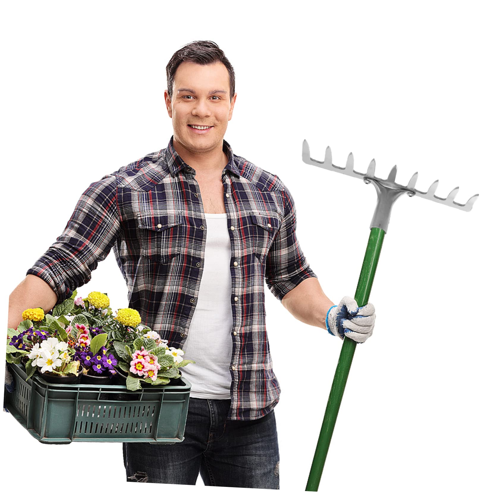 TOYANDONA Robuster Laubbesen aus Eisen mit 9 Zinken Silberfarbener Grasrechen für Garten und Rasen zum Reinigen von Blättern und Gartengerät für Familien