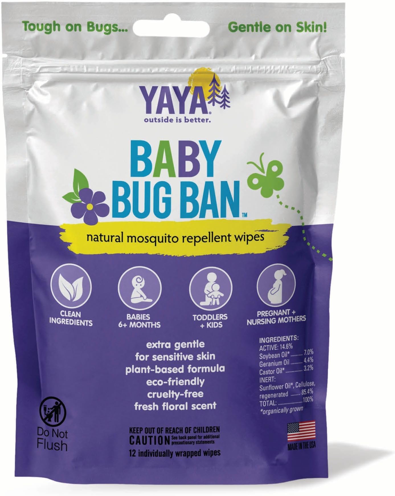 Baby Bug BAN Insect Repellent Wipes – All-Natural, DEET-Free, Non-Toxic, for Babies, Kids, Pregnant and Nursing Moms and Sensitive Skin (12 Count, Pack of 1)