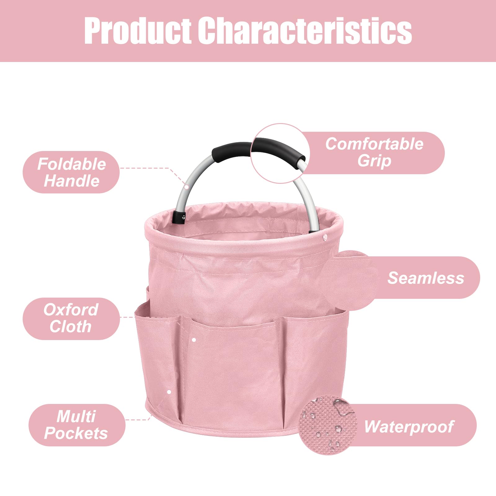 Mumisuto Cesto Porta Attrezzi Pieghevole in Tessuto Oxford Impermeabile 6 Tasche per Pulizie Shopping Rosa