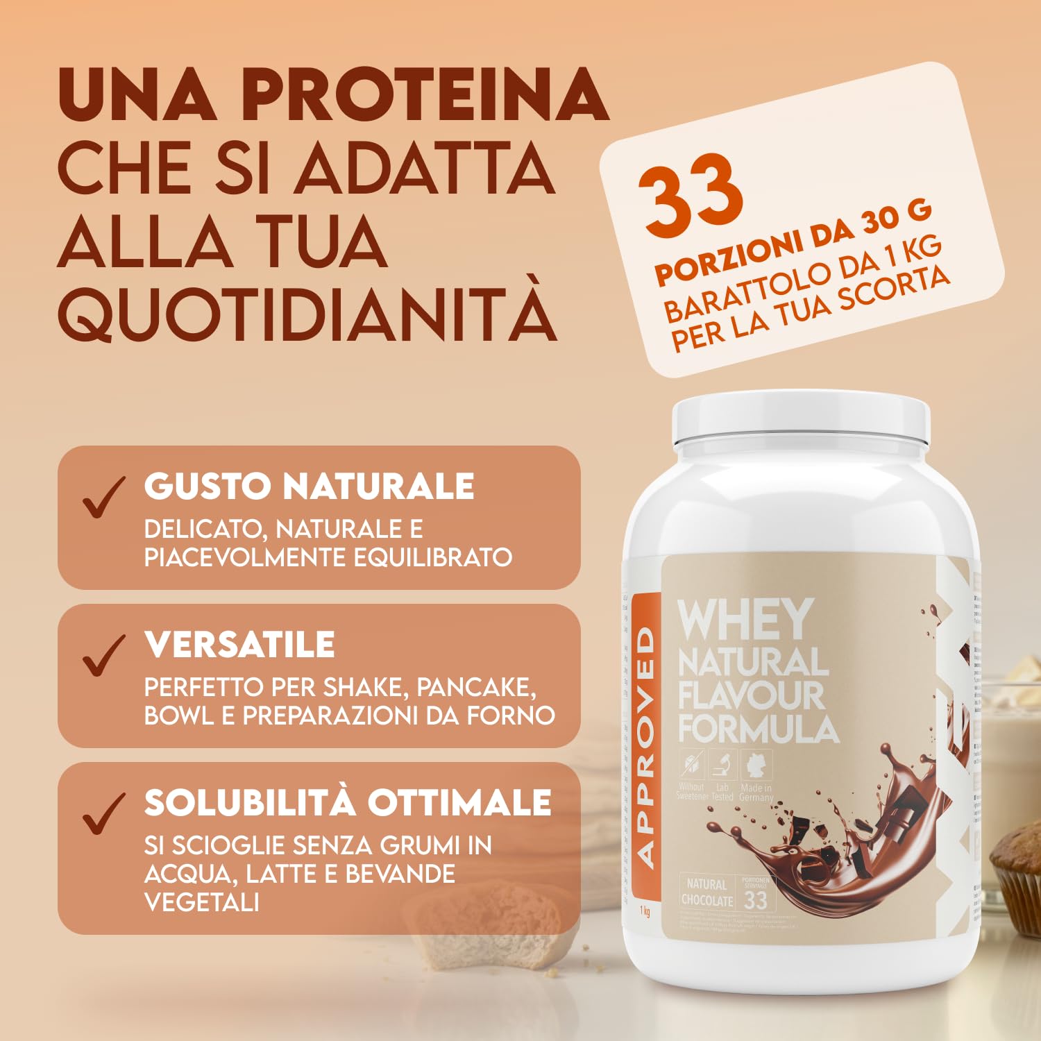 WFN Approved Whey Proteine in Polvere – Natural Chocolate – Senza Edulcoranti e Senza Zuccheri Aggiunti – 1 kg – Con Lattasi – Prodotto e Testato in Laboratorio in Germania