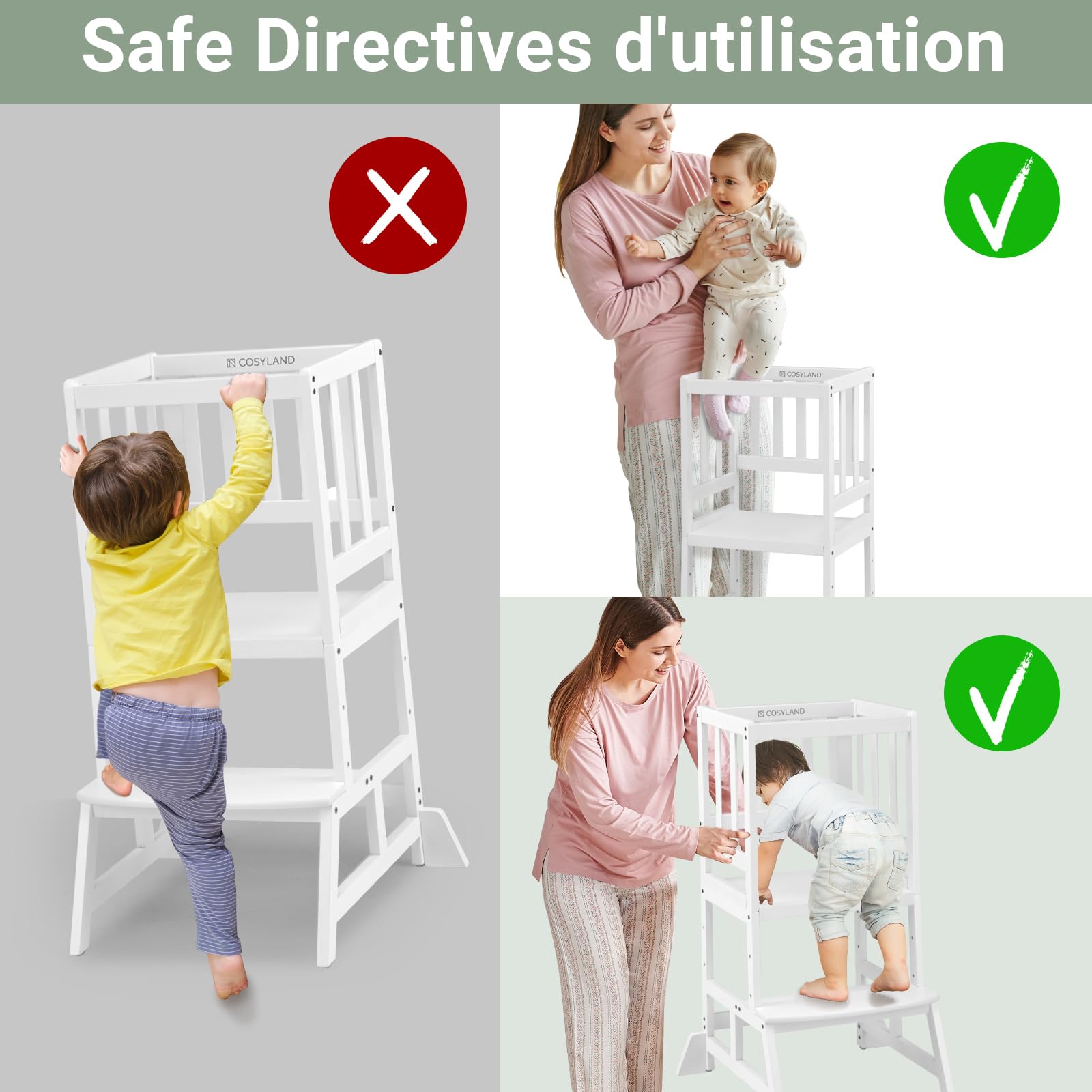 COSYLAND Tour d’Observation Montessori pour Enfant, Hauteur Réglable, Bambou Naturel, Chaise d’Apprentissage Bébé 18 Mois - Classic White