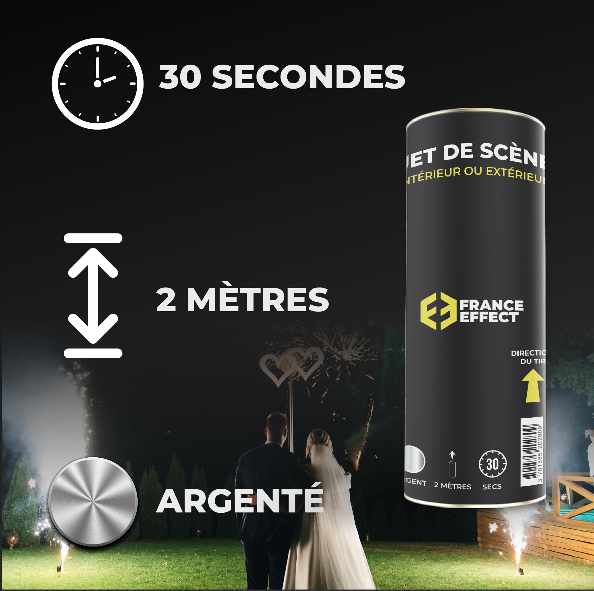 France Effect 5 Jets de scène argentés - 2 mètres de hauteur, 30 secondes de durée - Artifice d'intérieur et d'extérieur aux normes CE/NF-C1- Qualité Premium