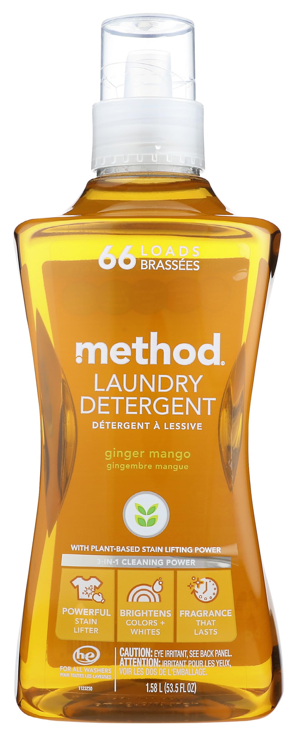 Method Liquid Laundry Detergent, Ginger Mango, 66 Loads Per Bottle, Hypoallergenic + Stain Remover, 53.5 Fl Oz (Pack of 1)