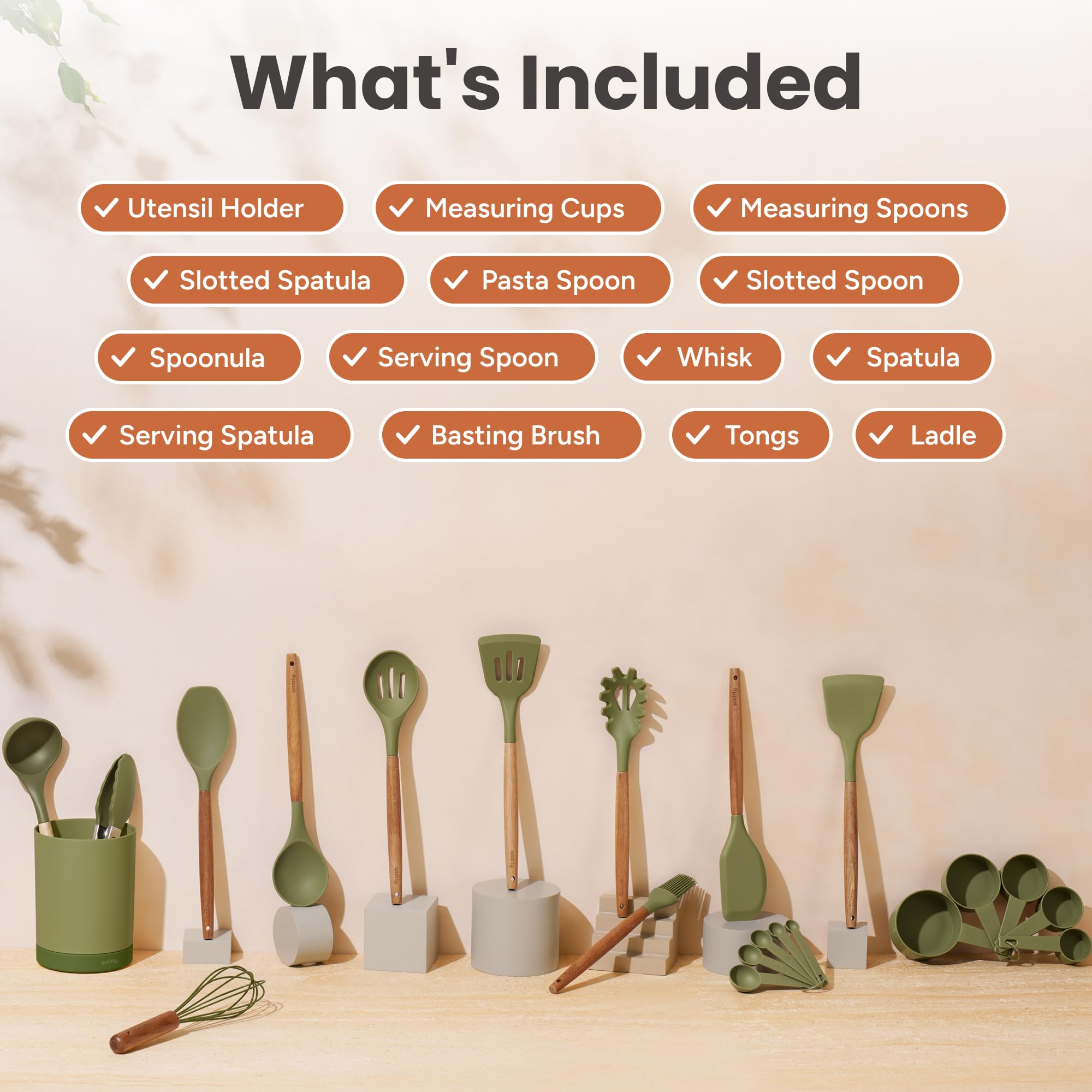 Juego de utensilios de cocina de silicona y soporte: juego de utensilios de cocina de silicona, esenciales de cocina para el nuevo hogar y el primer apartamento, juego de espátulas de silicona,