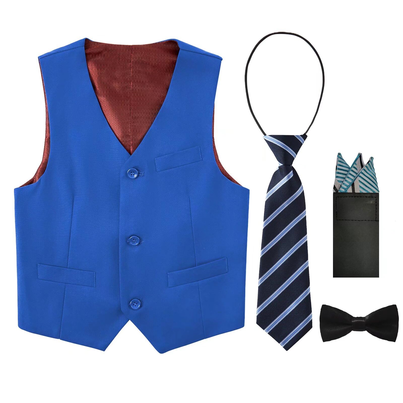 Boys Vest Formal 4 Piece Suit Vest Solid Color Waistcoat and Tie Set with Pockets