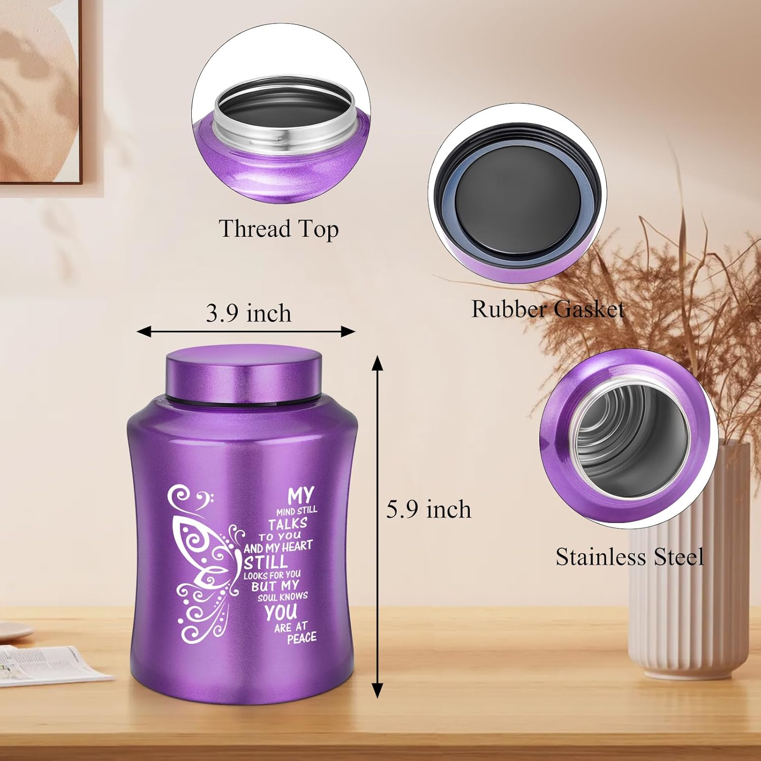 SOITIS Purple Stainless Steel Butterfly Urn for Ashes - 8.27 Inches Decorative Cremation Urn with Engraved Memorial Design, Adult Keepsake Urn with Velvet Bag, Sympathy Gift for Loved Ones - Image 2