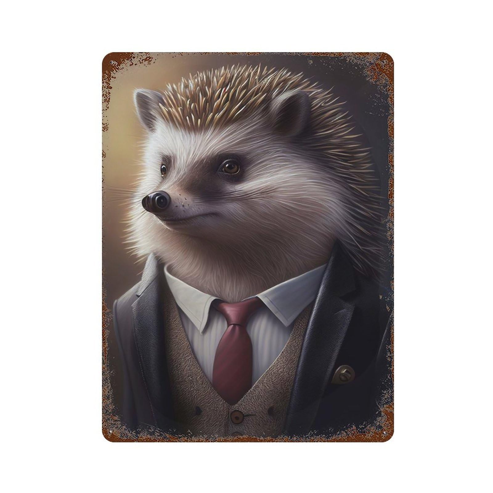 Rusty Metal Tin Sign Hedgehog Suit Animal 15.7"x11.8", Industrial Home Decor for Patio, Garden Room And Bar Decor