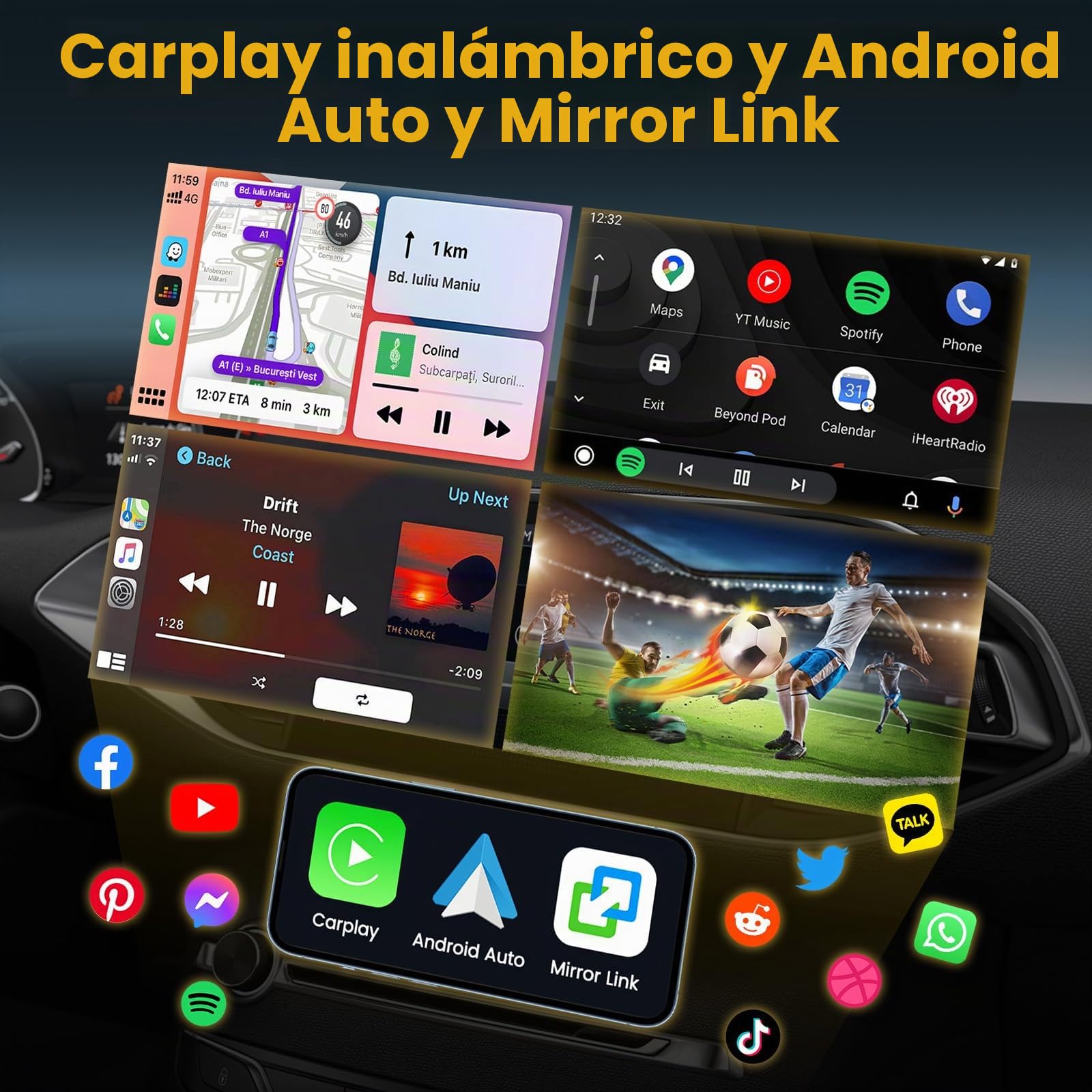 Hikity 1 DIN FM Dab/Dab+ Autorradio con Wireless Carplay Android Auto | HD 7 Pulgadas con Bluetooth Retroiluminación Multicolor Cámara de Marcha Atrás Grabador de Vídeo Digital EQ USB AUX