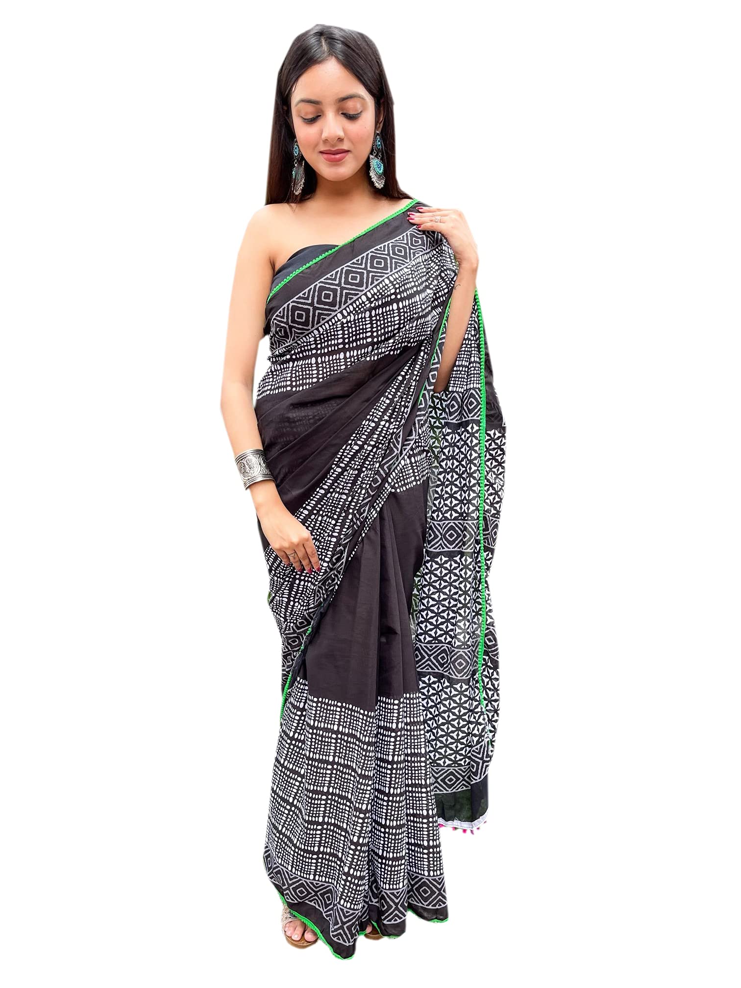 Shivanya HandicraftsWomen's Hand Block Batik Bagru Jaipuri Ikat Printed Handloom Pure Cotton Mulmul Traditional Cotton Sarees With Printed Blouse Piece With Pom Pom Lace (Black)_SH-0910