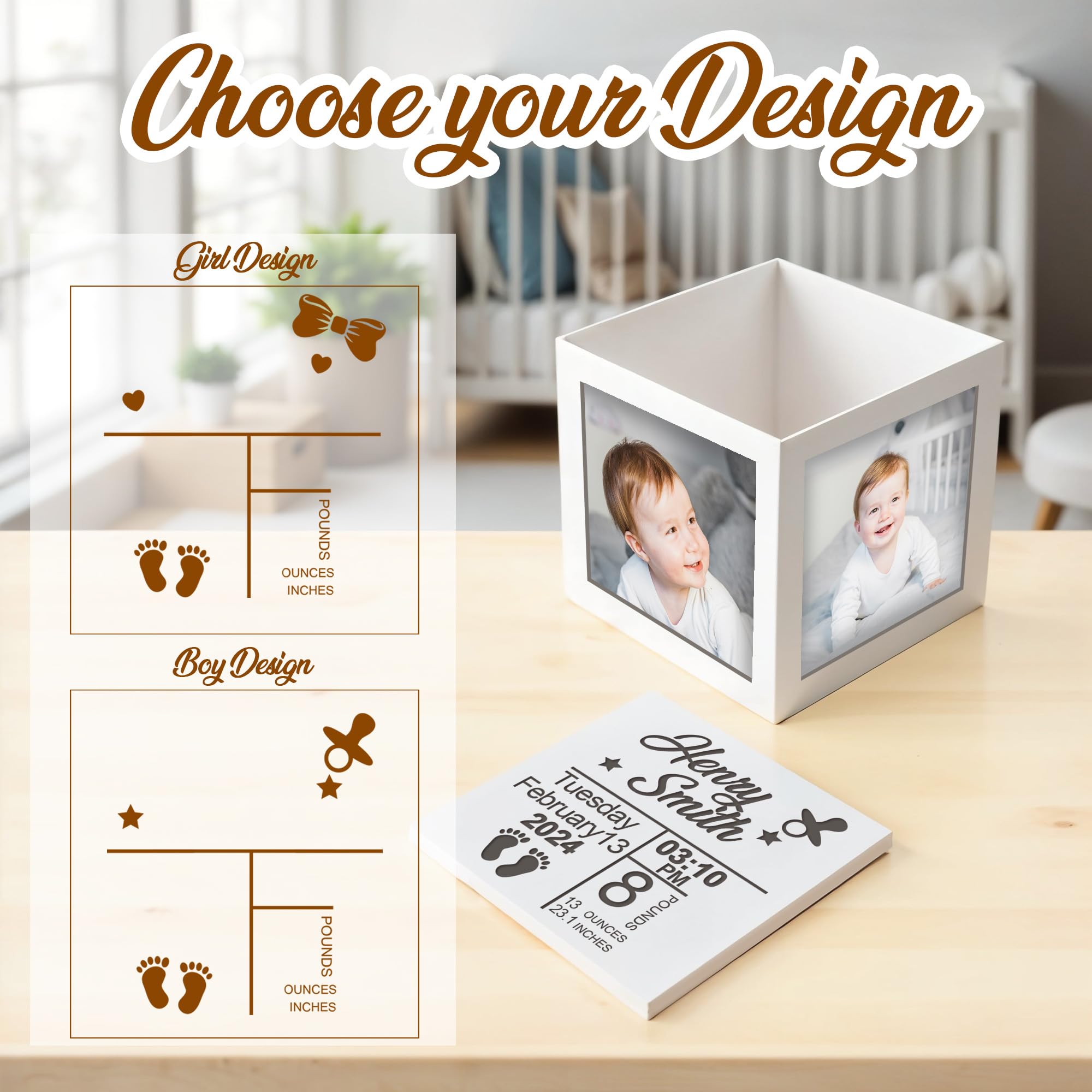 Personalized Mini White Wood Photo Cube for New Mom– Custom Name Picture Frame Memory Box for Baby Milestones, Newborn Photo Props, Shower Gift, or Nursery Shelf Display & Keepsake Decoration