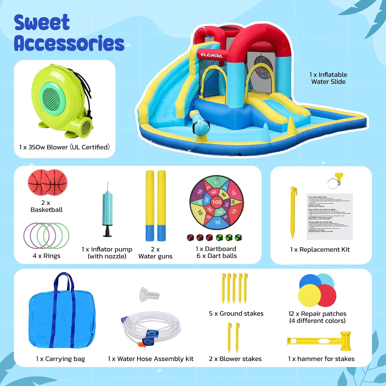 ELEMARA Inflatable Water Slide, 9 in 1 Kids Bounce House with 2 Slides, Pool&Trampoline, Fun Dart Game&Ring-toss Game, Climbing Walls, Bounce House with Blower for Outdoor Indoor, 108.3*106.3*56.3in