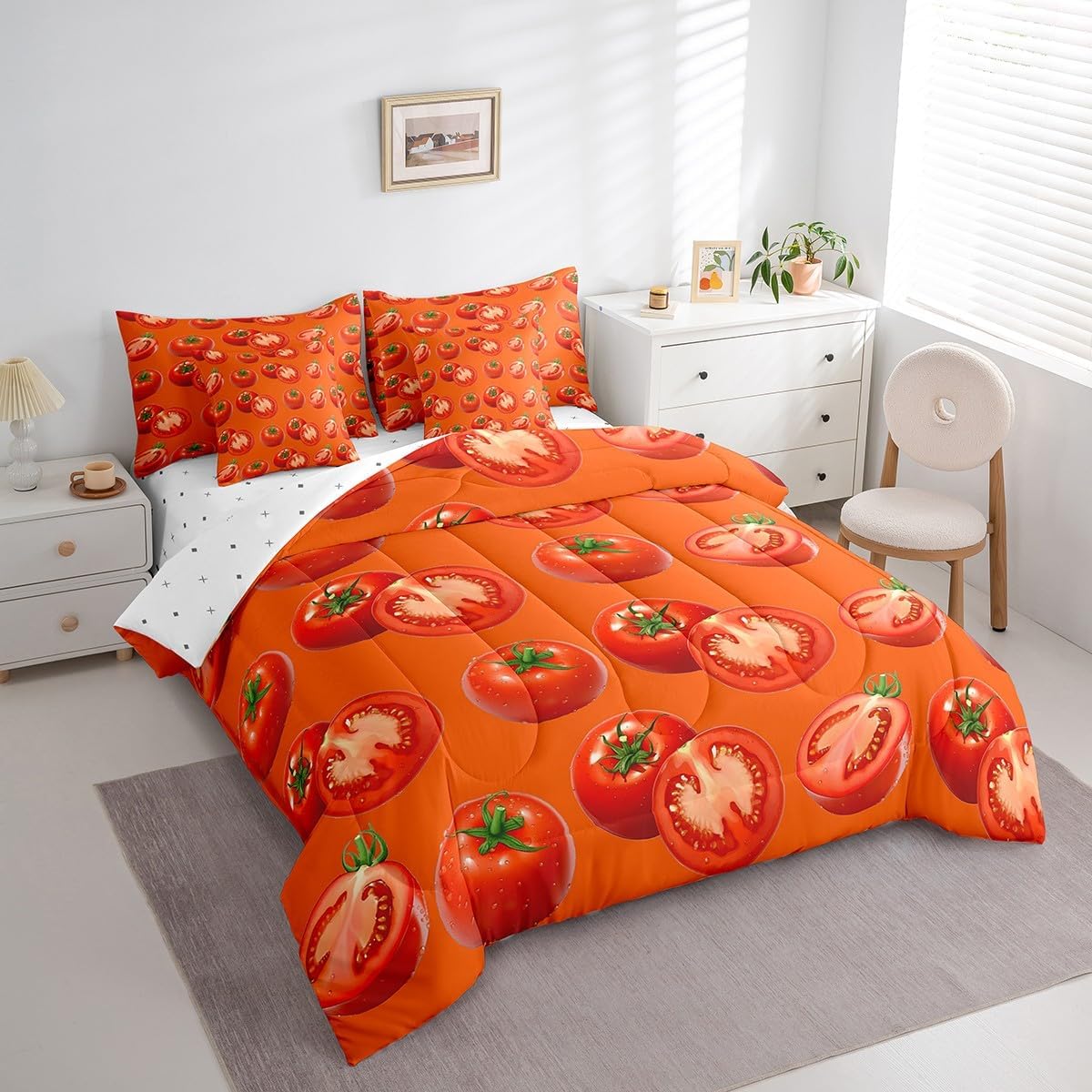 Erosebridal Tomato 7Pcs Bedding Set Twin Size, Cartoon Vegetable Bed in A Bag Kids Food Vegetables Fruit Comforter Set with Sheets Farmhouse Botanical Bed Set Orange Bedroom Decor