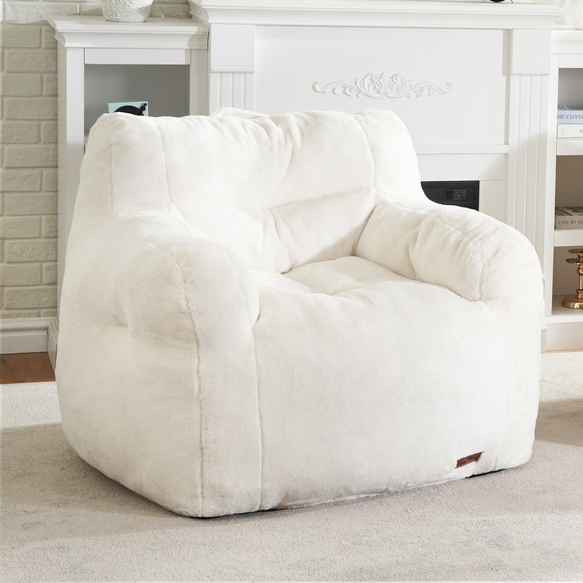 Hobestluk Bean Bag Chair for Adult Small Bean Bag Chairs with Arms Furry Beanbag Chair with Foam Filler Stuffed Bean Bag Sofa for Reading in Bedroom Living Room and Dorms(White)OEKO-TEX STANDARD 100