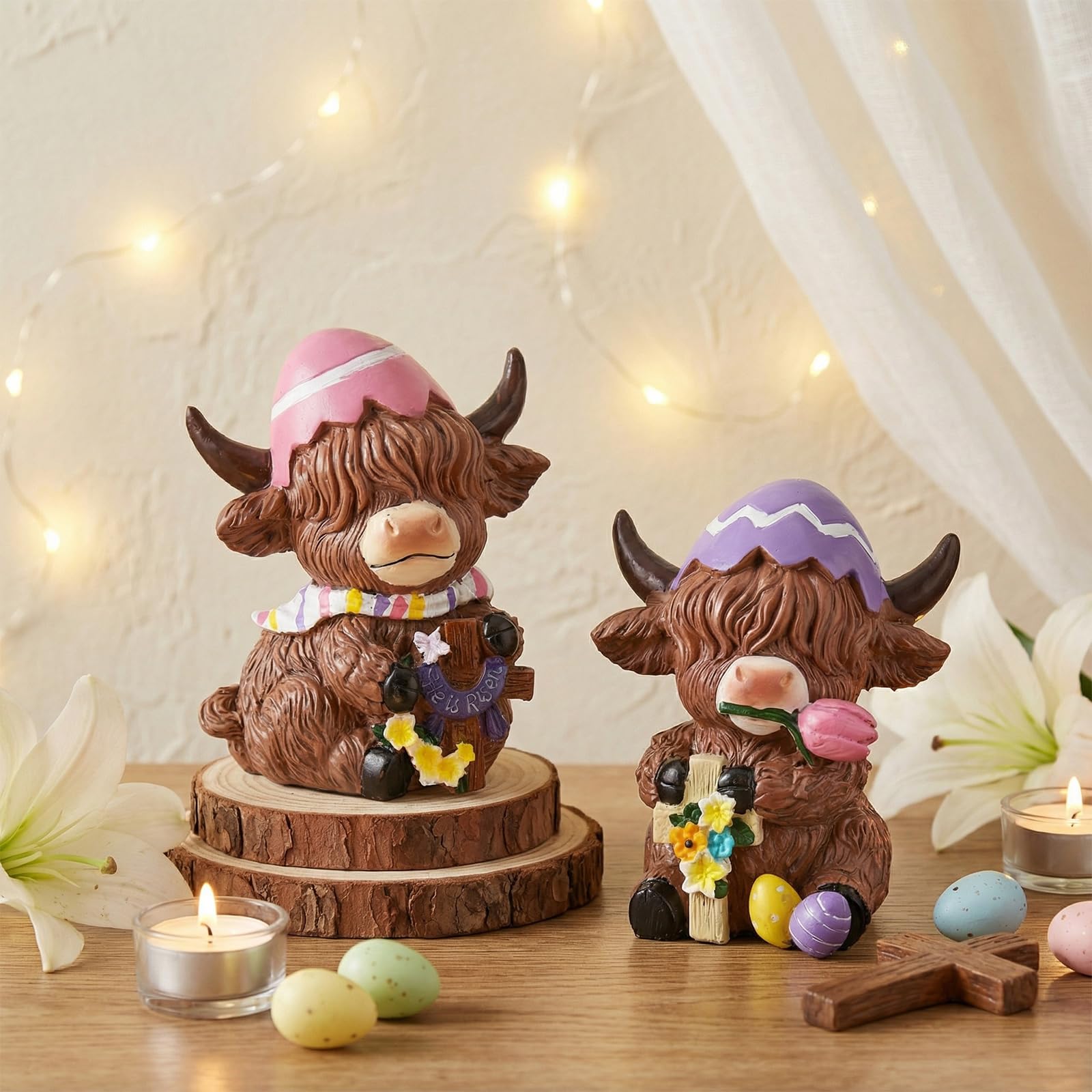 Simgoing Confezione da 2 statuette di mucca pasquale delle Highland primaverili con uova di Pasqua croce floreale per decorazioni da tavola per amanti dei vitelli, regali per la casa, centrotavola