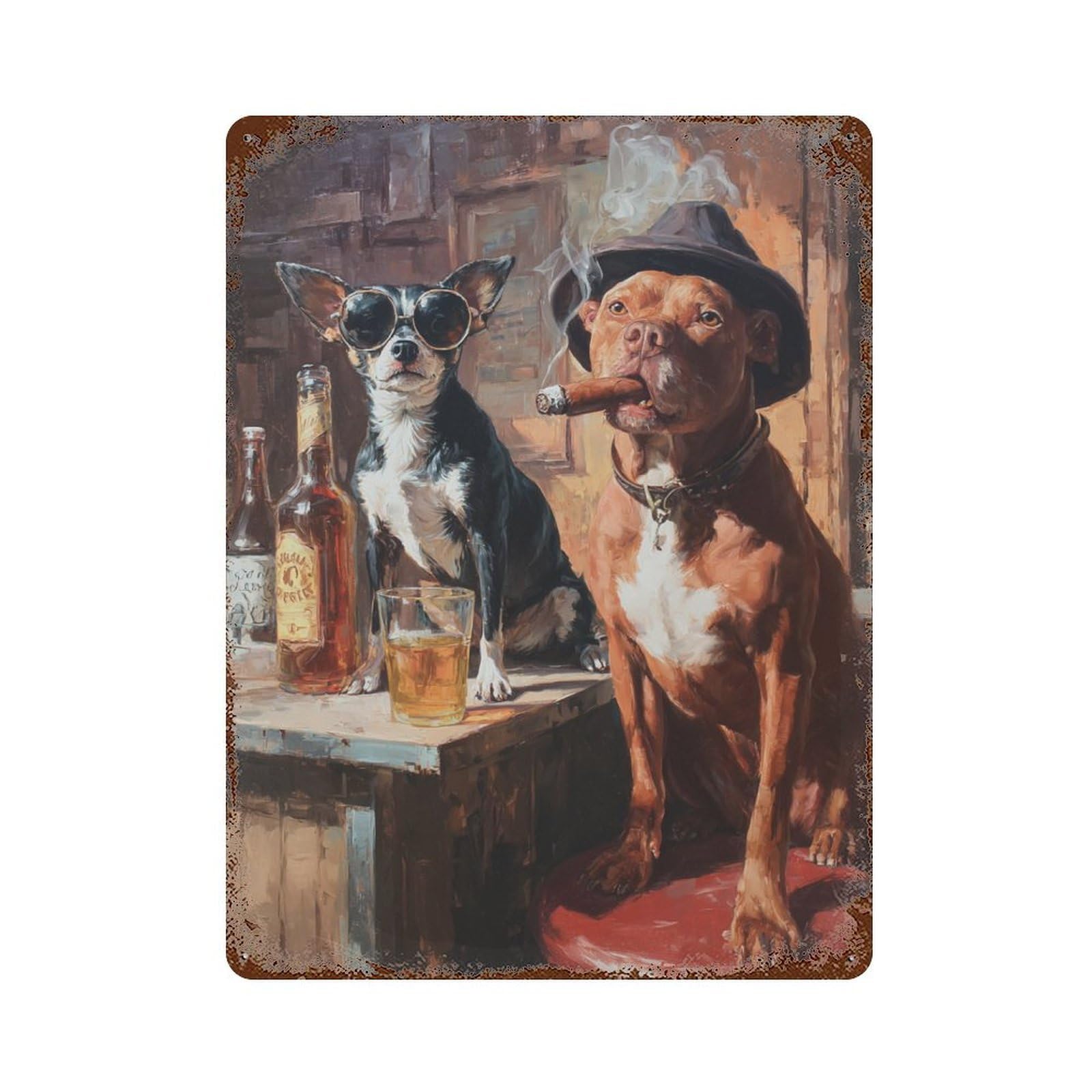 Chill Dogs in Bar Scene Rustic Tin Plaque 15.7"x11.8", Rustic Home Decor for Office, Studio And Wall Decor