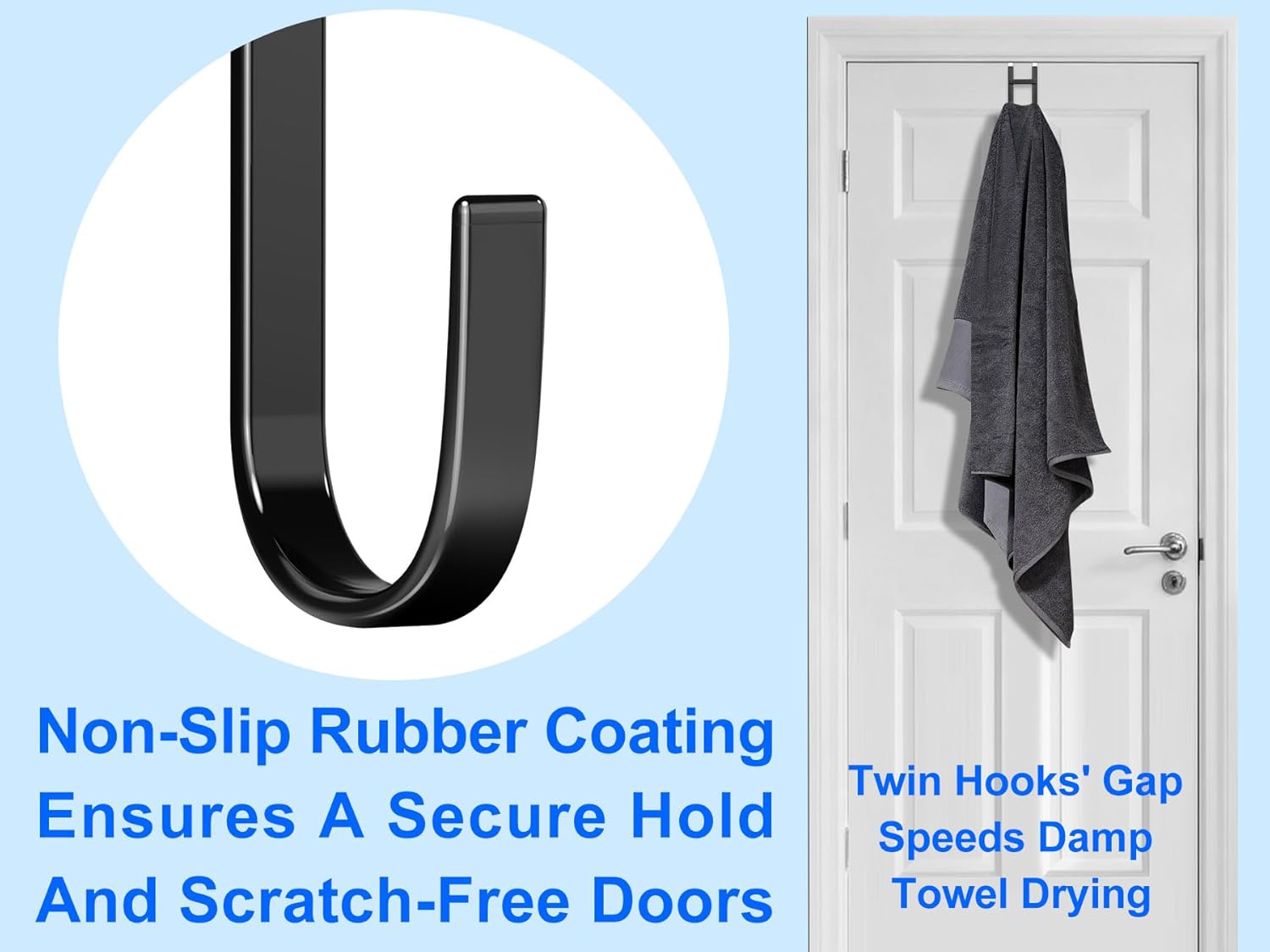 Mars-Rock Over the Door Twin Metal Hooks with Plastic Coating 5.5" Fit 0.5" to 1 3/8" Door 2 Sets Heavy Duty Towel Robe Rack Wreath Bathroom Shower Hanger Shoe Organizer Ironing Board Short Black