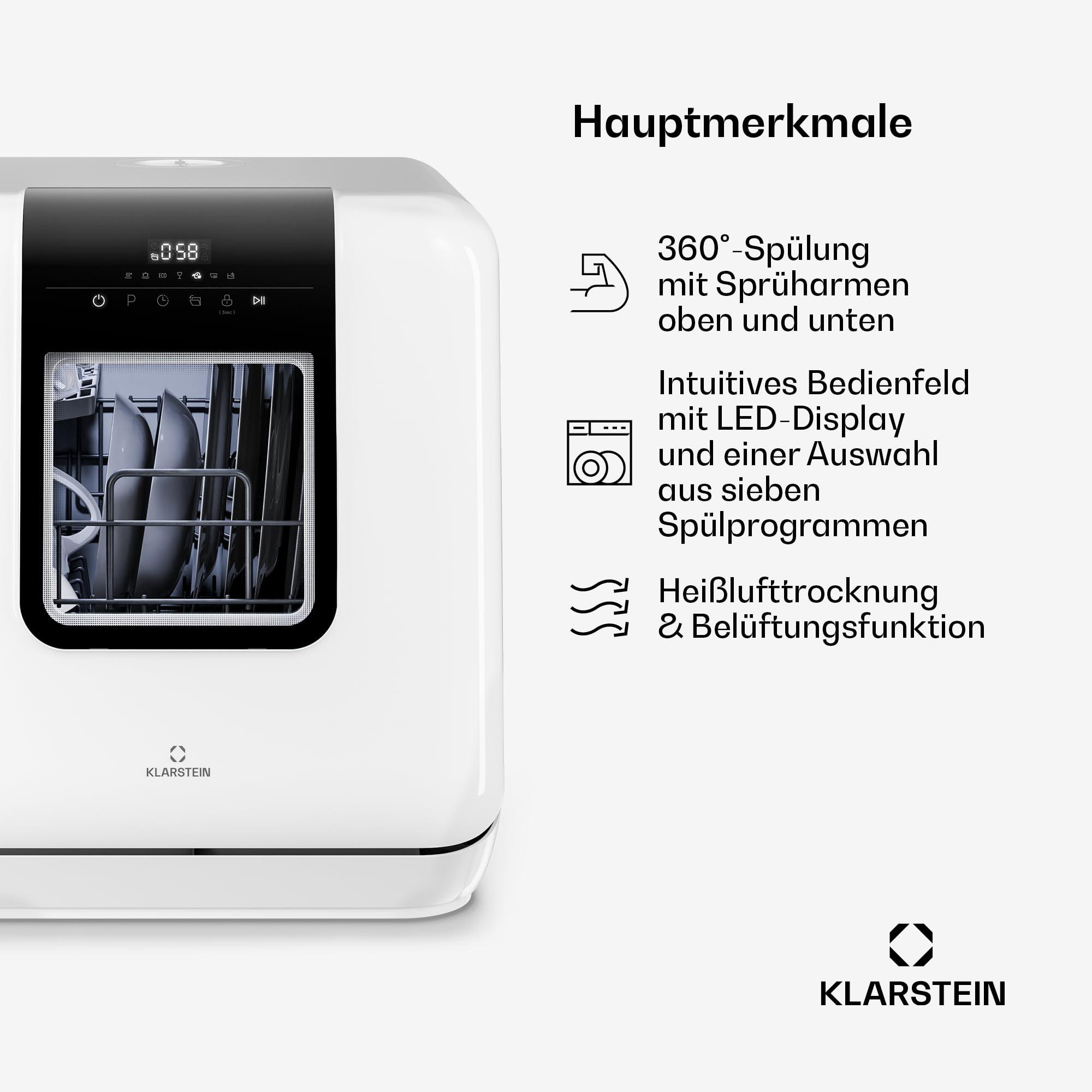 Klarstein Melville Tischgeschirrspüler – Kompakte Spülmaschine für 3 Gedecke, 7 Programme, 6 L Wasserverbrauch, AquaStop, tragbares Design