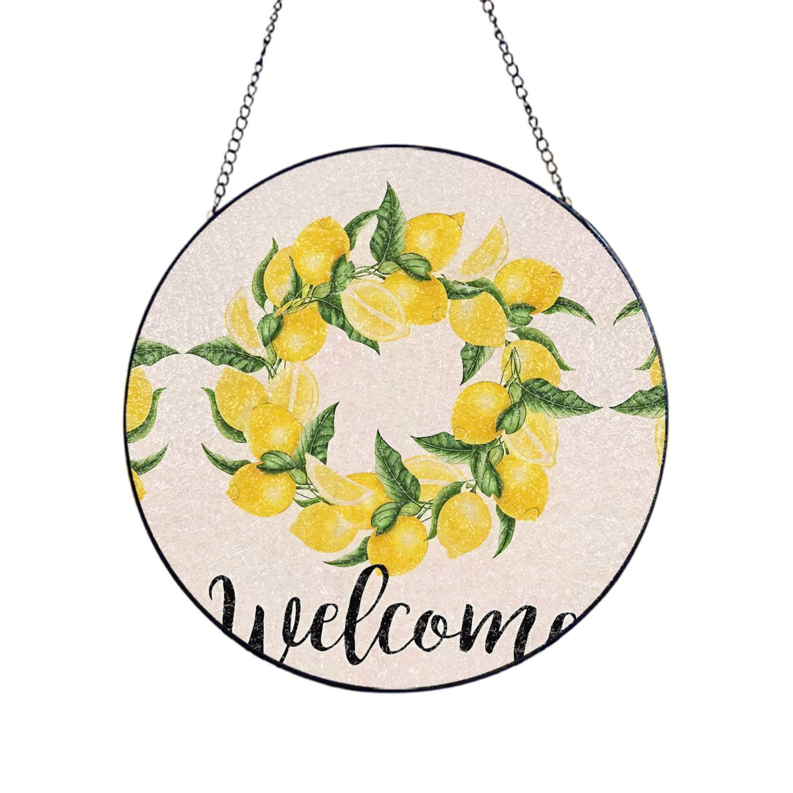 Phayah Lemon Print Glass Window Hanging Round Suncatcher Glass Ornament Garden Wall Fence Decorations Indoor Outdoor 8in（20cm）