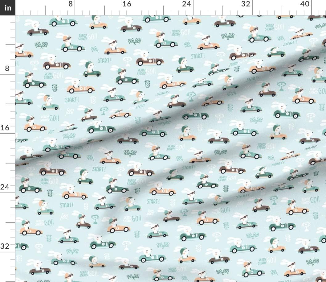Spoonflower Fabric - Bunny Race Racing Retro Boys Cars Printed on Petal Signature Cotton Fabric by The Yard - Sewing Quilting Apparel Crafts Decor
