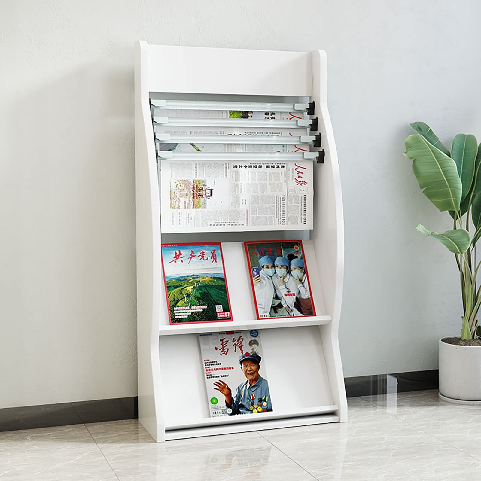CGCSYZ Brochure Magazine Holder Stand, Home Office Literature Newspaper Racks with 4 Bars ＆ 2 Tier, Commercial Book Magazine Racks, 120 Cm Tall (White)