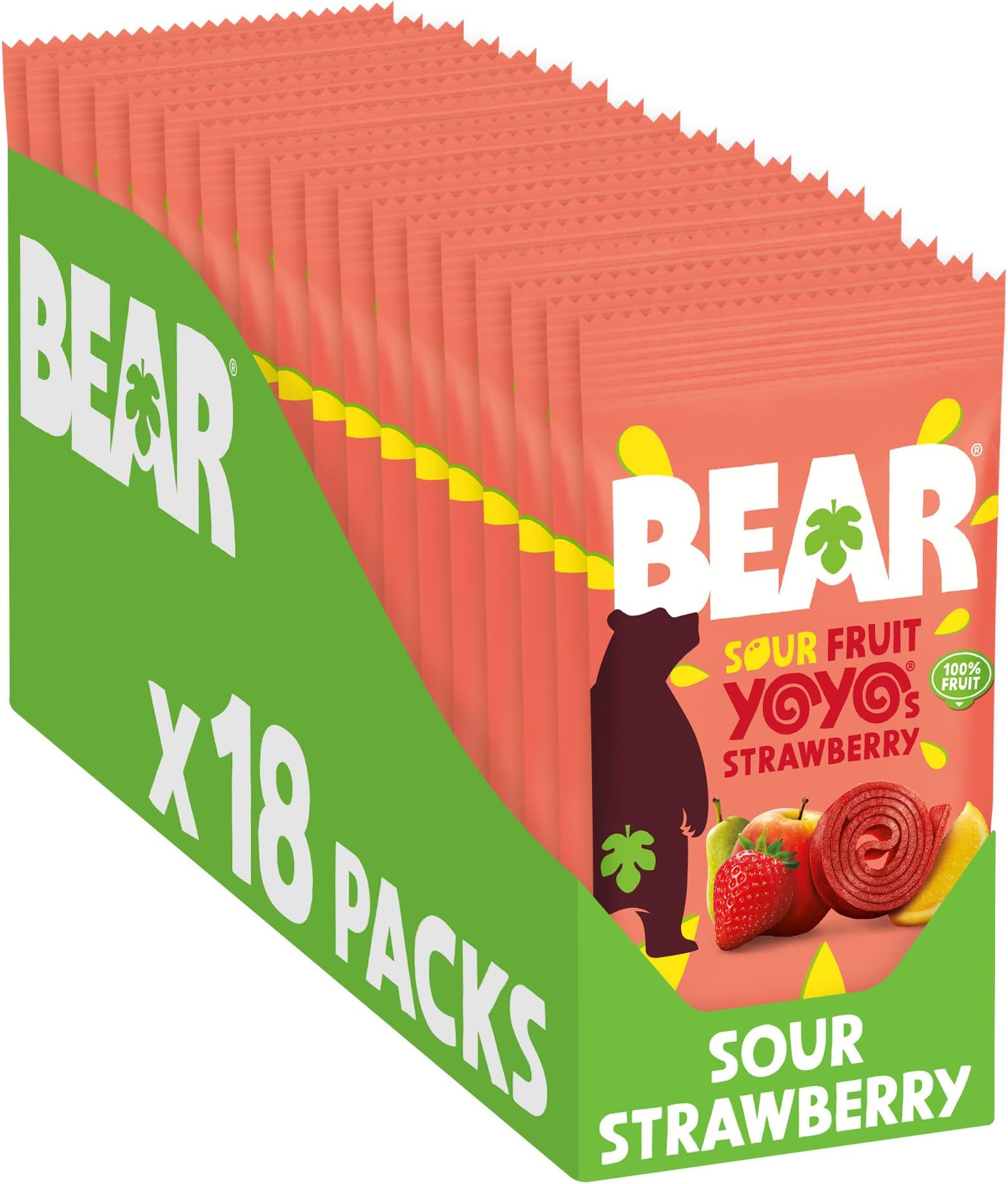 BEAR Super Sour Strawberry & Apple Yoyos - Dried Fruit Rolls - Healthy - Vegan - 20g (18 packs)